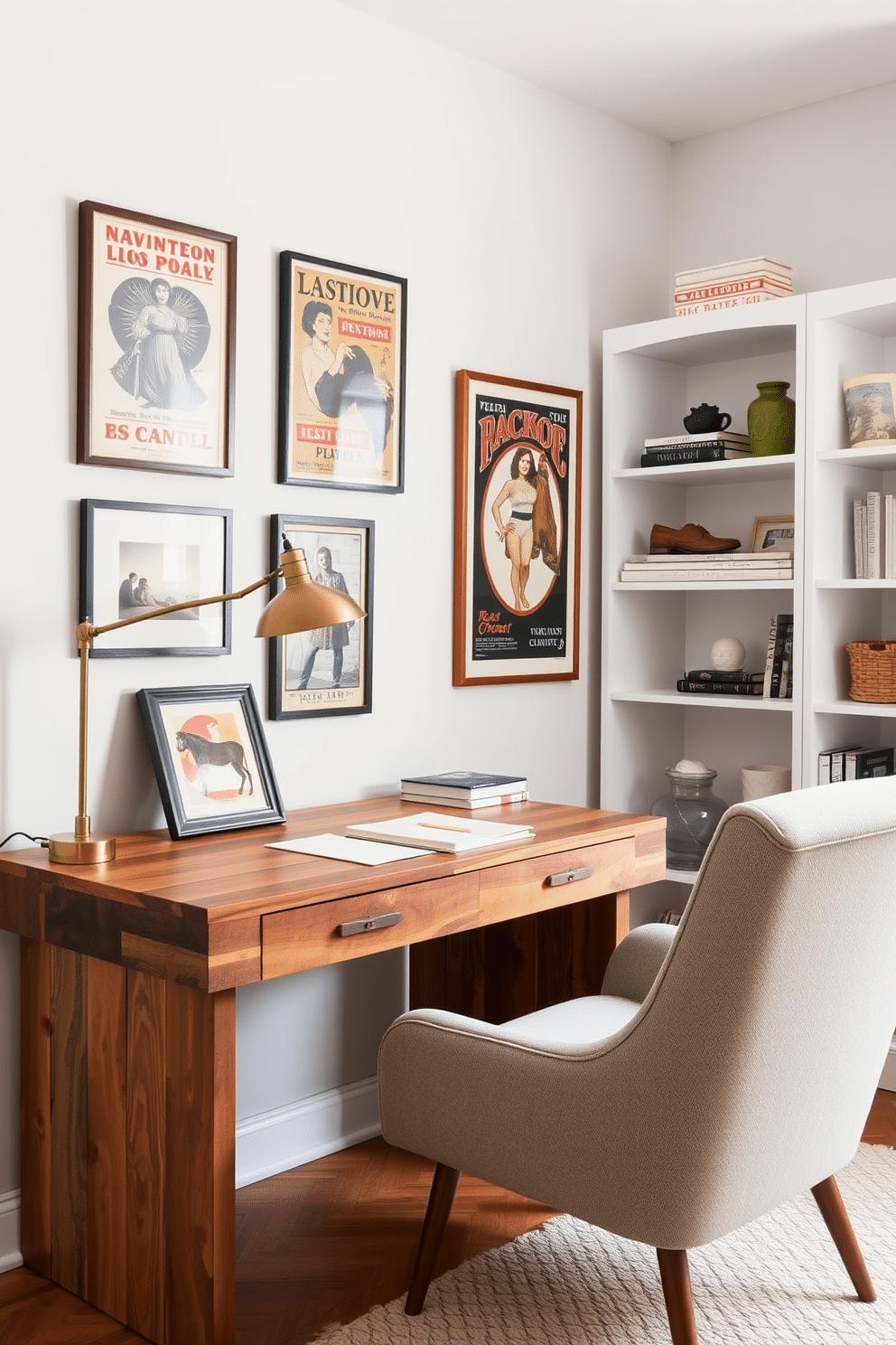 A modern home office with vintage elements that blend seamlessly together. The space features a reclaimed wood desk paired with an antique brass desk lamp, creating a unique twist on contemporary design. The walls are adorned with framed vintage posters, adding character to the room. A plush, retro-style armchair sits in the corner, complemented by a sleek, minimalist bookshelf filled with curated decor items.