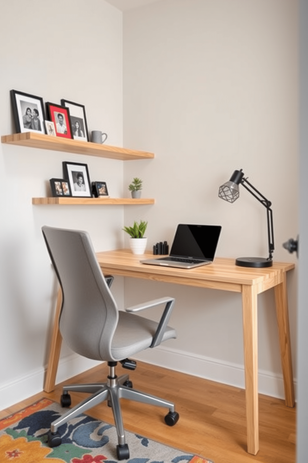 A modern home office design in a small space features a sleek desk made of light wood, positioned against a wall adorned with floating shelves. Personal items such as framed family photos and a small potted plant are tastefully arranged on the shelves, adding warmth and character to the workspace. The ergonomic chair is upholstered in a soft gray fabric, complementing the minimalist aesthetic of the room. A stylish desk lamp with a geometric design illuminates the workspace, while a colorful rug underfoot brings a pop of color and comfort to the area.