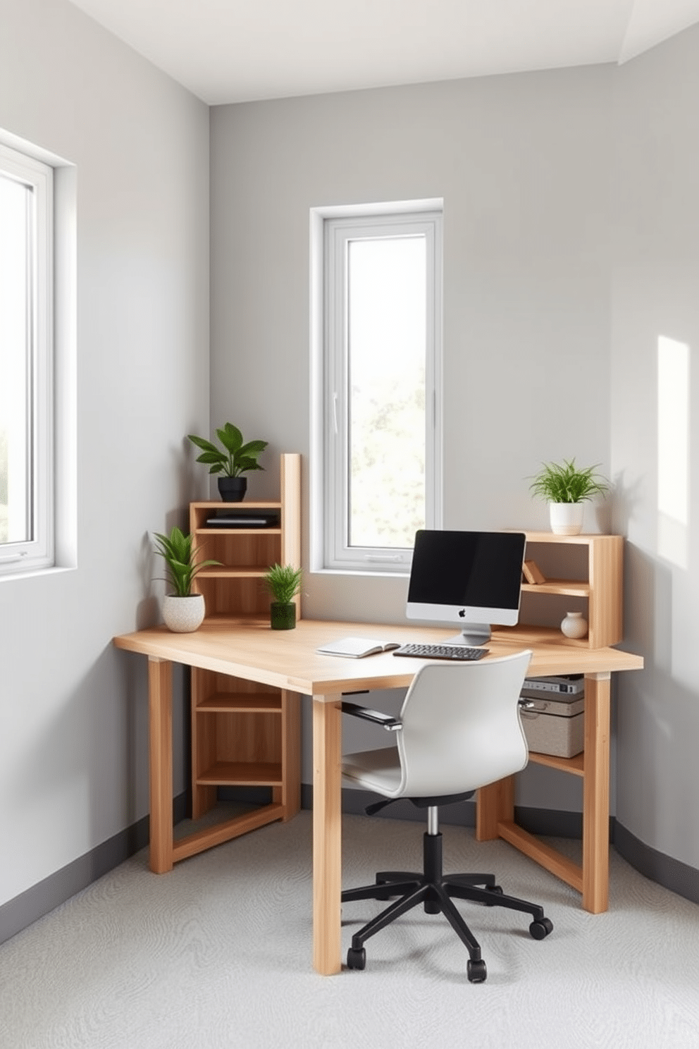 A modern home office featuring an adjustable standing desk designed for health benefits. The desk is made of light wood with clean lines, paired with an ergonomic chair that complements the minimalist aesthetic. The walls are painted in a soft gray, enhancing the space's brightness, while a large window allows natural light to flood in. Decorative plants are placed on the desk and shelves, adding a touch of greenery to the compact workspace.