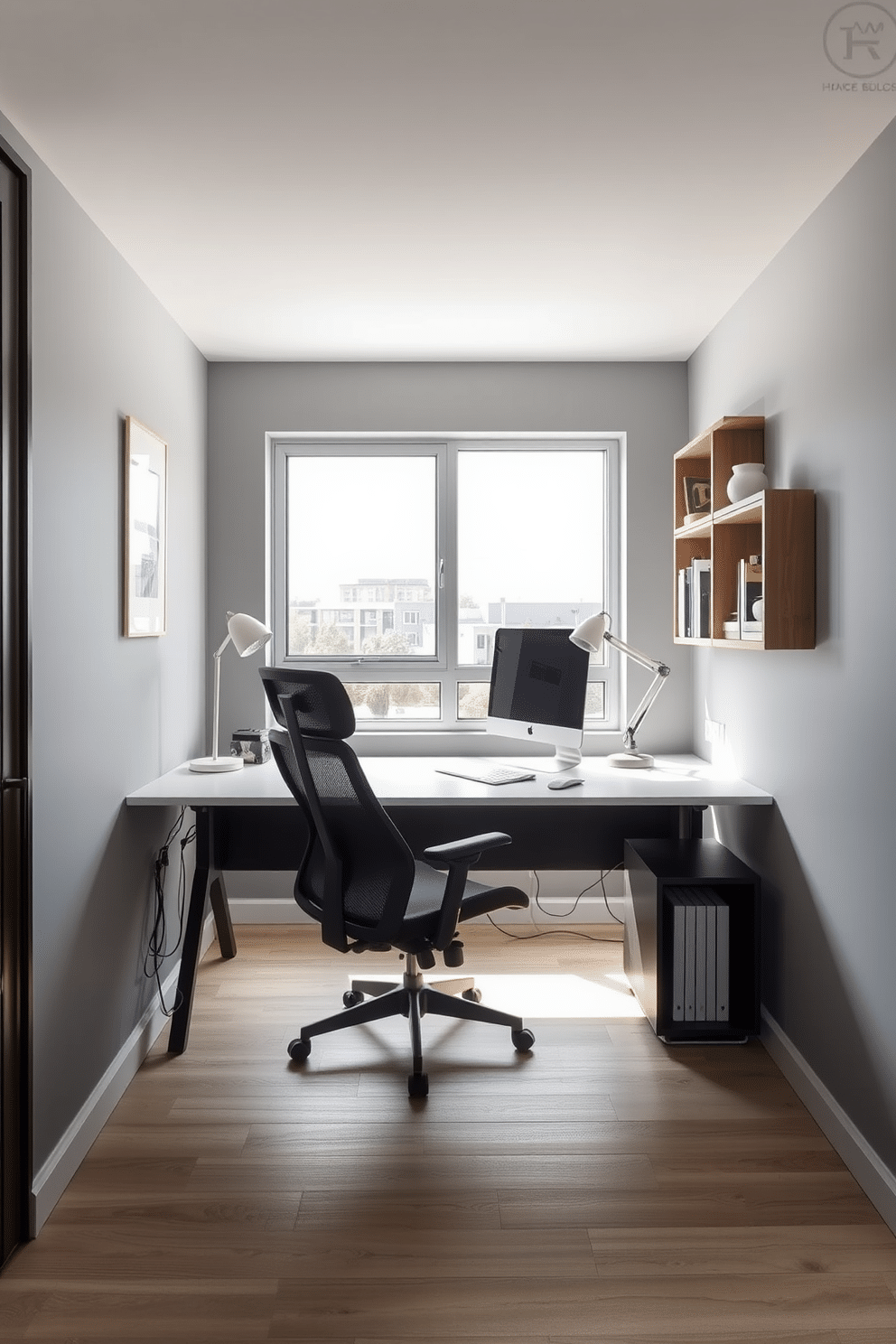 A modern home office designed for small spaces features a sleek desk with integrated cable management solutions, keeping wires hidden and organized. The walls are painted in a soft gray, and a large window allows natural light to flood the room, enhancing the minimalist aesthetic. Incorporating multifunctional furniture, such as a foldable desk and a compact bookshelf, maximizes usability while maintaining a clean look. Accent pieces like a stylish desk lamp and a comfortable ergonomic chair add both functionality and a touch of elegance to the workspace.