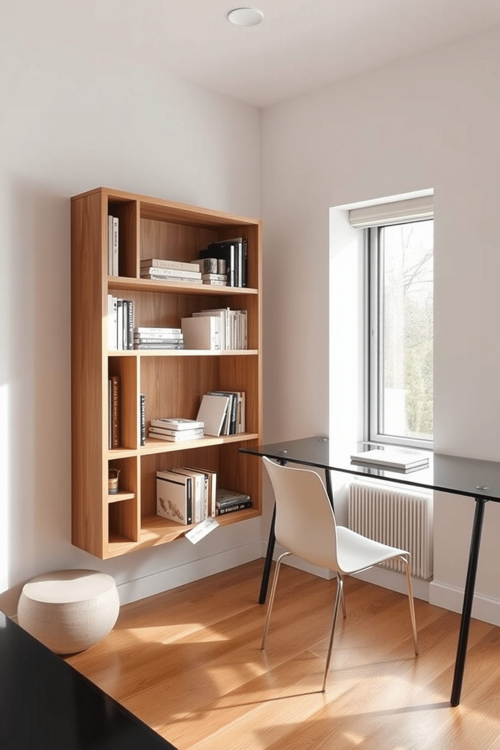 A small bookshelf is positioned against the wall, designed with open shelves for easy access to books and materials. The wood finish is a warm oak, complementing the minimalist aesthetic of the room. The modern home office features a sleek desk with a glass top and a minimalist chair to maximize space. Natural light floods the area through a large window, highlighting the clean lines and functional design elements.