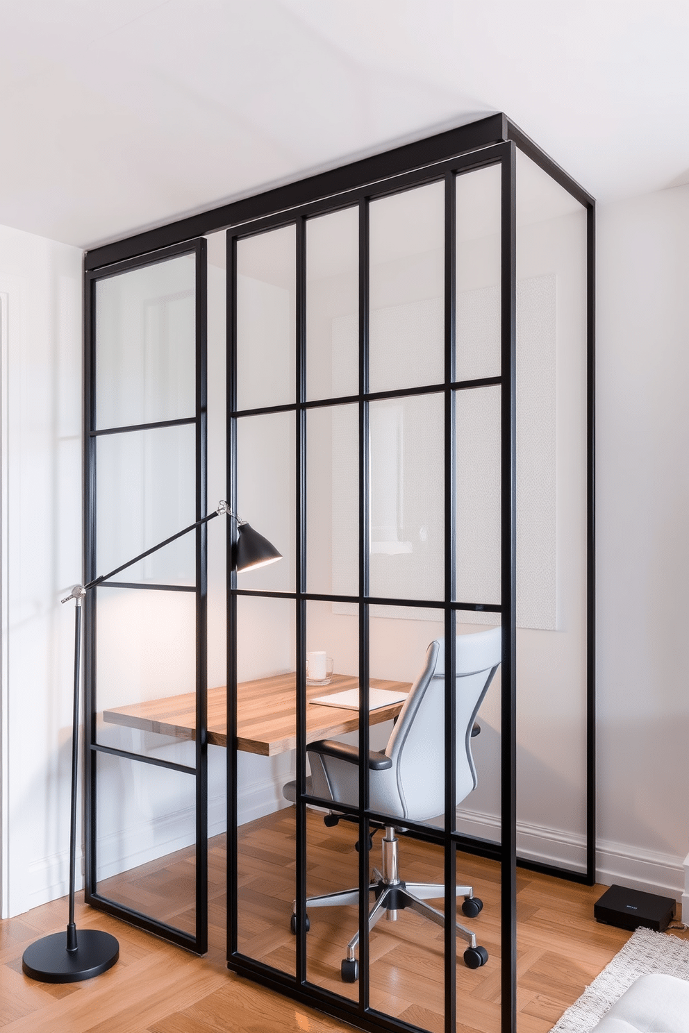 A modern home office design featuring a sleek room divider that provides privacy while maintaining an open feel. The divider is made of translucent glass panels framed in black metal, allowing light to filter through while separating the workspace from the living area. The office includes a minimalist desk made of reclaimed wood paired with a stylish ergonomic chair. Soft, ambient lighting from a contemporary floor lamp complements the neutral color palette of the room, creating a serene and productive atmosphere.