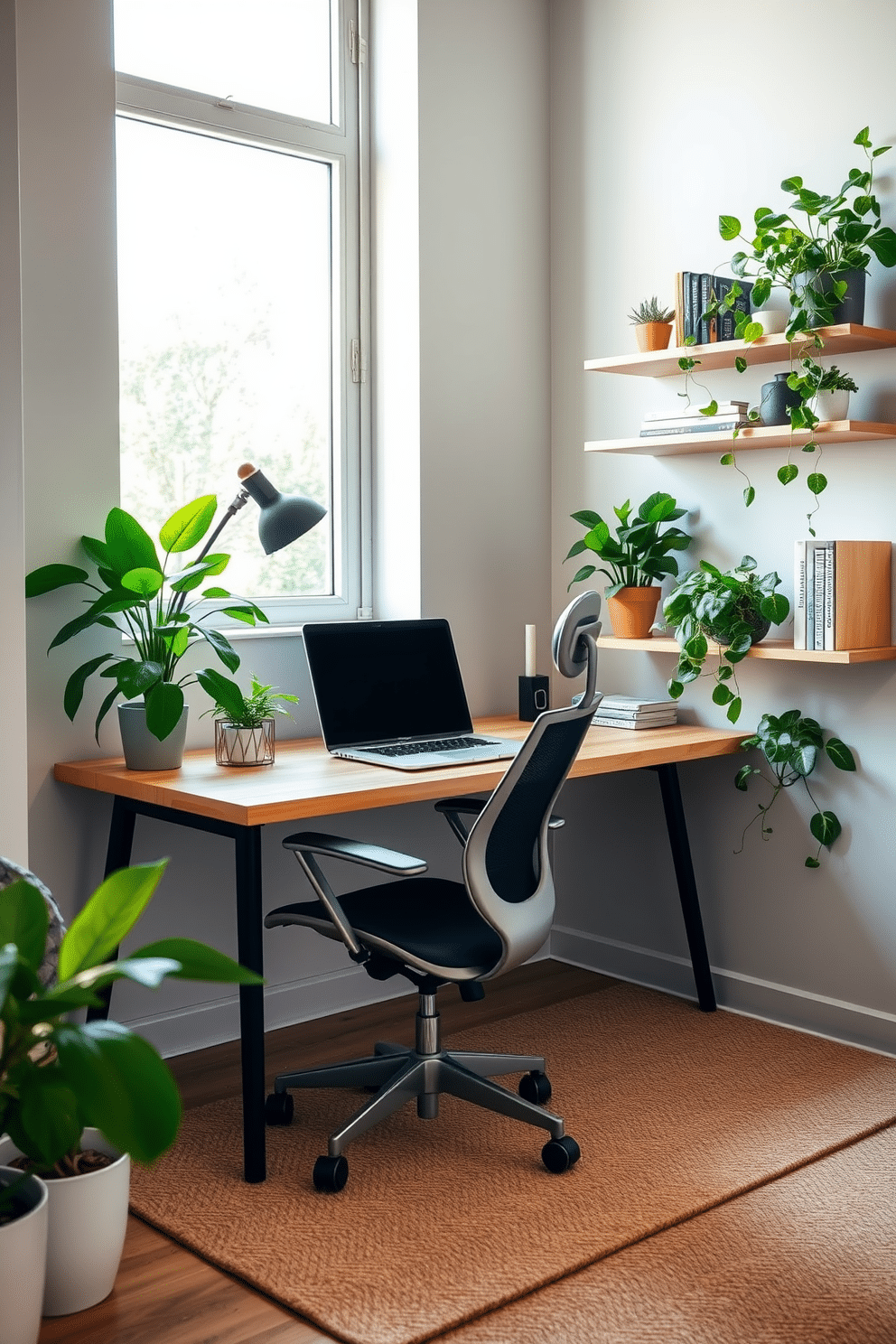 A modern home office designed for small spaces features a sleek, minimalist desk made of light wood, positioned near a large window that allows natural light to flood the room. Lush green plants are strategically placed on the desk and shelves, creating a calming atmosphere and enhancing productivity. The walls are painted in a soft, neutral tone, complemented by a cozy, textured area rug beneath the desk. A stylish ergonomic chair adds comfort, while floating shelves hold books and decorative items, seamlessly blending functionality with aesthetic appeal.