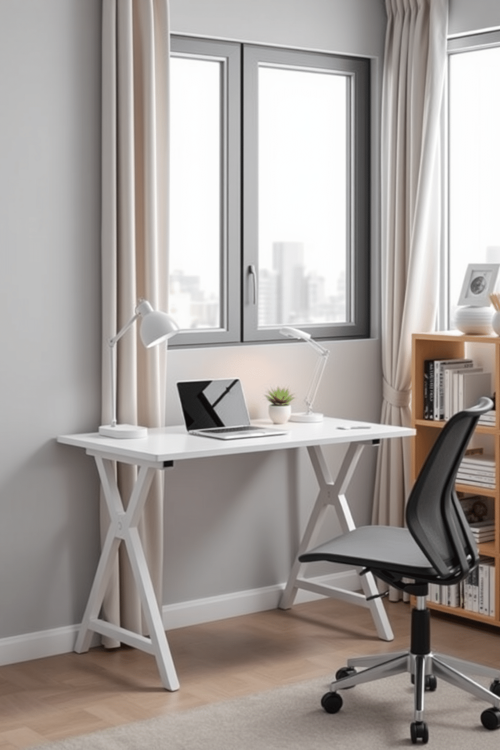 A sleek foldable desk is positioned against a light gray wall, featuring clean lines and a minimalist design. The desk is adorned with a stylish laptop, a small potted plant, and a modern desk lamp, creating an inviting workspace. The office space is enhanced by a comfortable ergonomic chair and a bookshelf filled with neatly organized books and decorative items. Large windows allow natural light to flood the room, complemented by soft, neutral curtains that add warmth to the modern aesthetic.