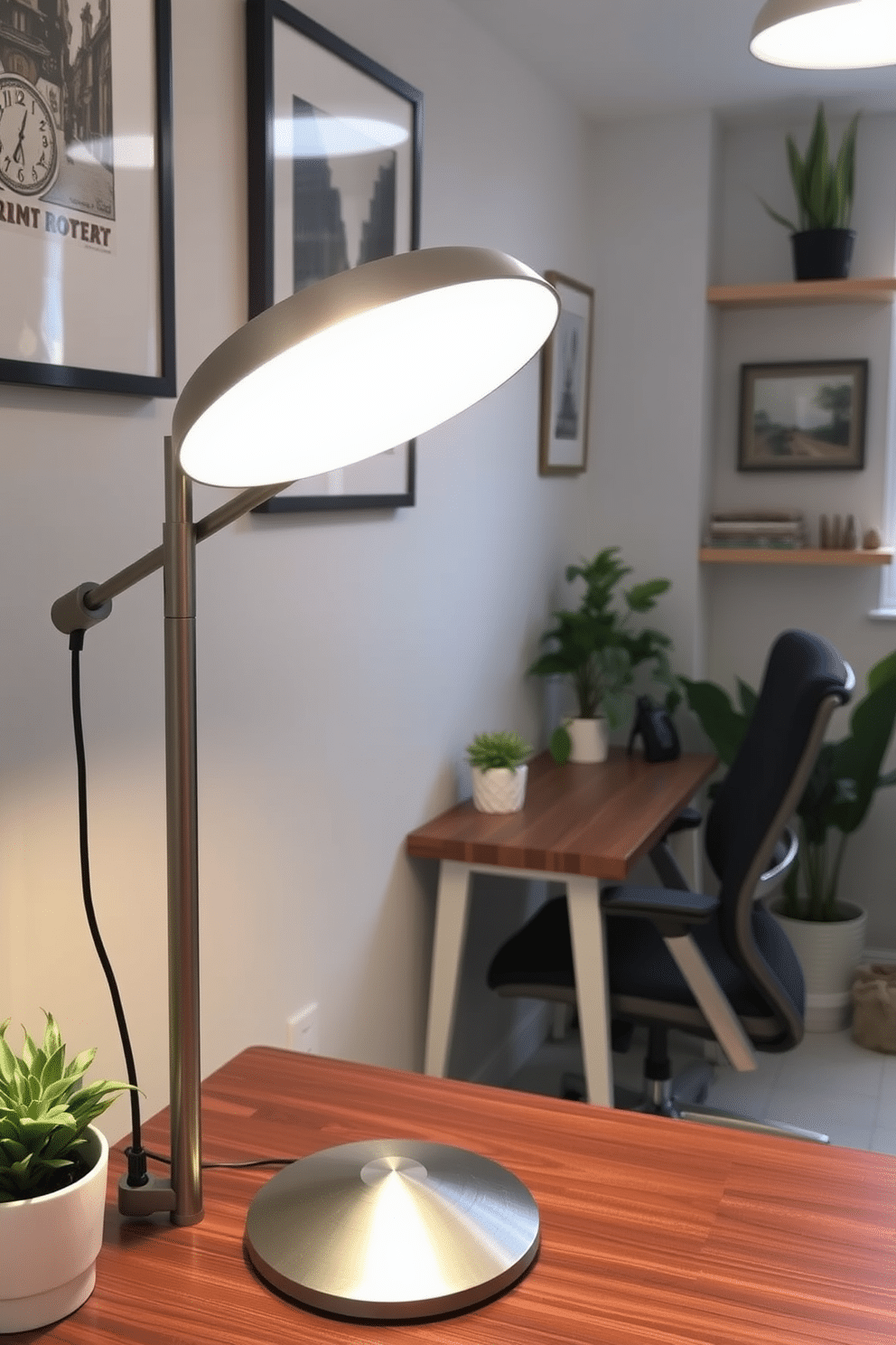 A stylish desk lamp with a sleek, minimalist design features a brushed metal finish and an adjustable arm for optimal task lighting. It casts a warm glow, enhancing the contemporary aesthetic of a modern home office. In this small space, a compact desk is paired with a comfortable ergonomic chair, maximizing functionality without sacrificing style. The walls are adorned with framed art, and a few potted plants bring a touch of greenery to the workspace.