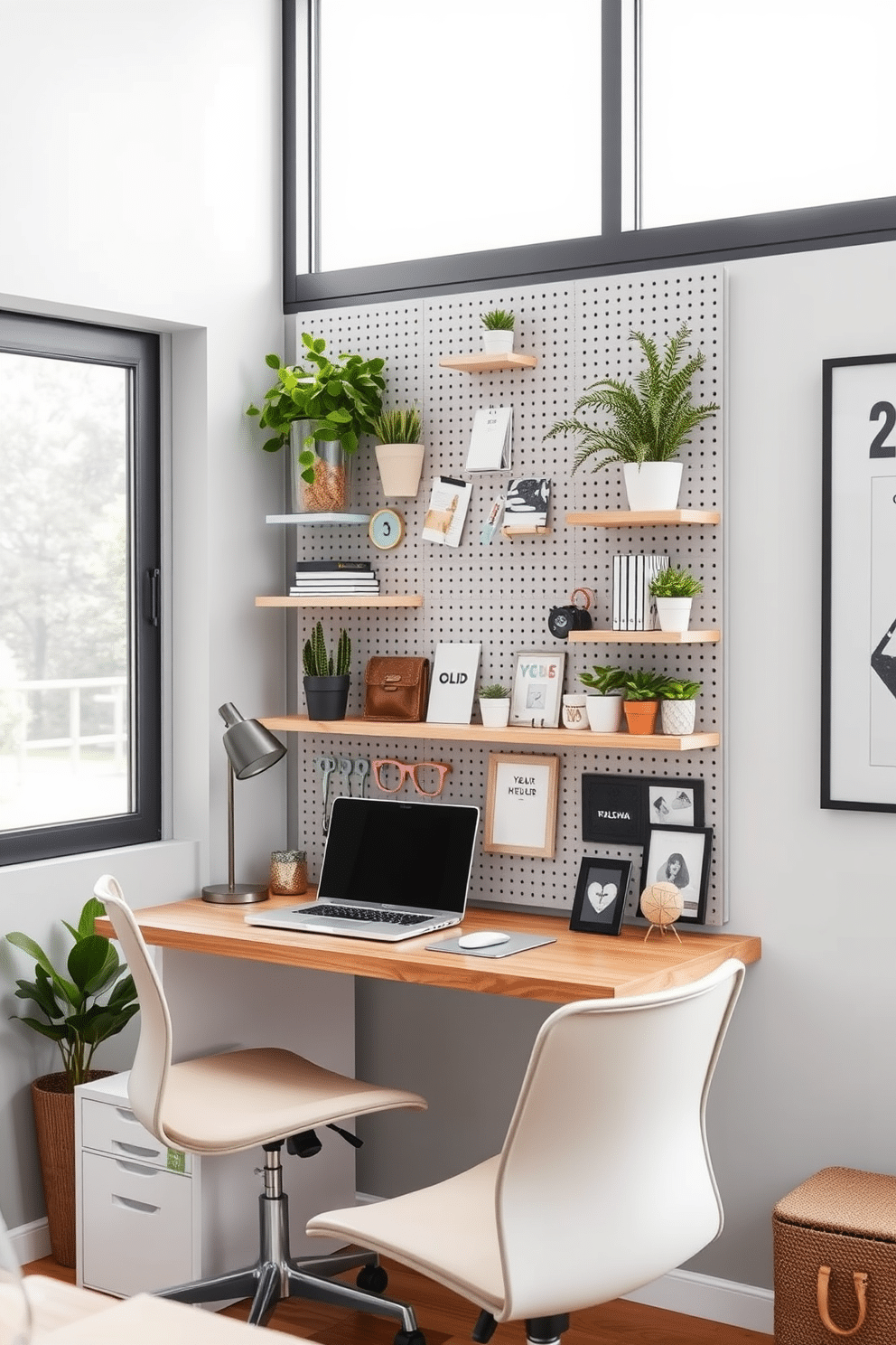 A stylish pegboard installation features a combination of pastel-colored hooks and shelves, showcasing a variety of decorative plants, books, and office supplies. The pegboard is mounted on a light gray wall, with a wooden desk positioned below, adorned with a sleek laptop and a small desk lamp. Modern home office design ideas for small spaces include a minimalist desk with built-in storage, paired with a comfortable ergonomic chair. Large windows allow natural light to flood the room, while a few carefully selected art pieces add personality to the otherwise clean and functional space.