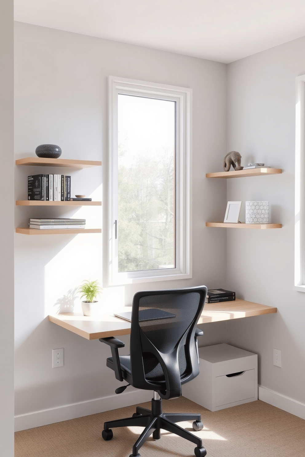 A modern home office features sleek floating shelves mounted on the walls, providing stylish storage for books and decorative items. The desk is positioned beneath a large window, allowing natural light to illuminate the space, complemented by a comfortable ergonomic chair. The color palette includes soft grays and whites, creating a calming atmosphere conducive to productivity. A small potted plant sits on the desk, adding a touch of greenery to the minimalist design.