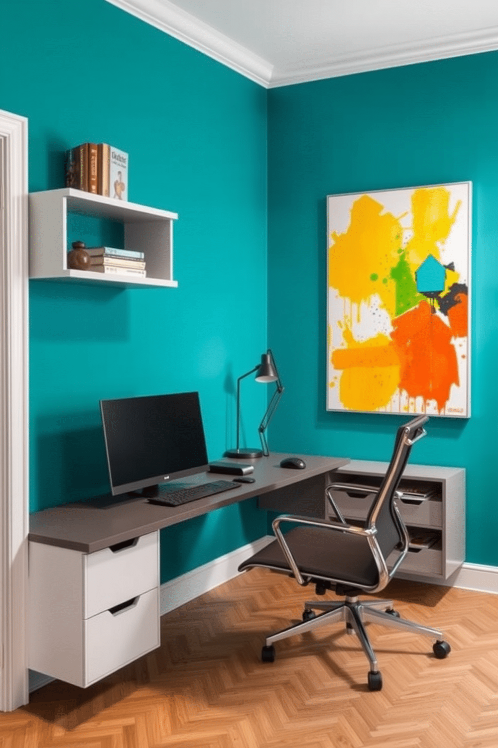 Bright accent wall with artwork. The wall is painted a vibrant teal, showcasing a large abstract painting with splashes of yellow and orange. Modern home office design ideas for small spaces. The workspace features a sleek, wall-mounted desk with built-in shelves, paired with an ergonomic chair and a stylish desk lamp.