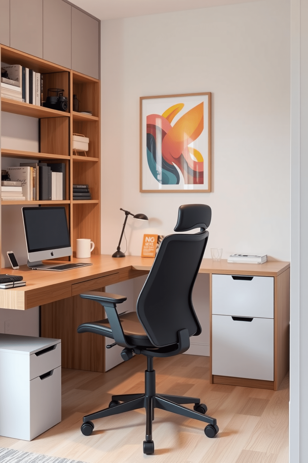 A sleek ergonomic chair designed for comfort and style, featuring adjustable height and lumbar support. Upholstered in a soft, breathable fabric, it complements a minimalist desk with clean lines and a warm wood finish. A modern home office design that maximizes small spaces, incorporating smart storage solutions and multifunctional furniture. The color palette consists of soft neutrals, accented with vibrant artwork to create an inspiring and productive environment.