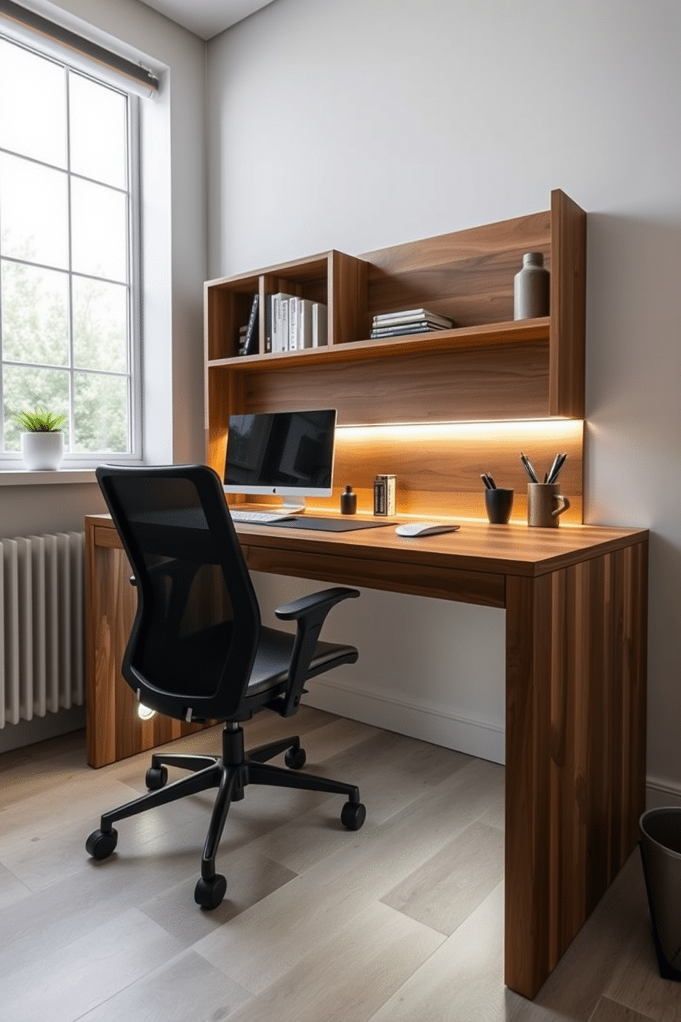 A modern home office features integrated lighting seamlessly incorporated into the sleek desk design. The desk, made of reclaimed wood, has built-in LED strips that provide ambient light, enhancing productivity while maintaining a cozy atmosphere. The space is optimized for small areas, showcasing a minimalist aesthetic with a compact desk and ergonomic chair. A wall-mounted shelf holds books and decorative items, while a large window allows natural light to flood the room, creating an inviting workspace.