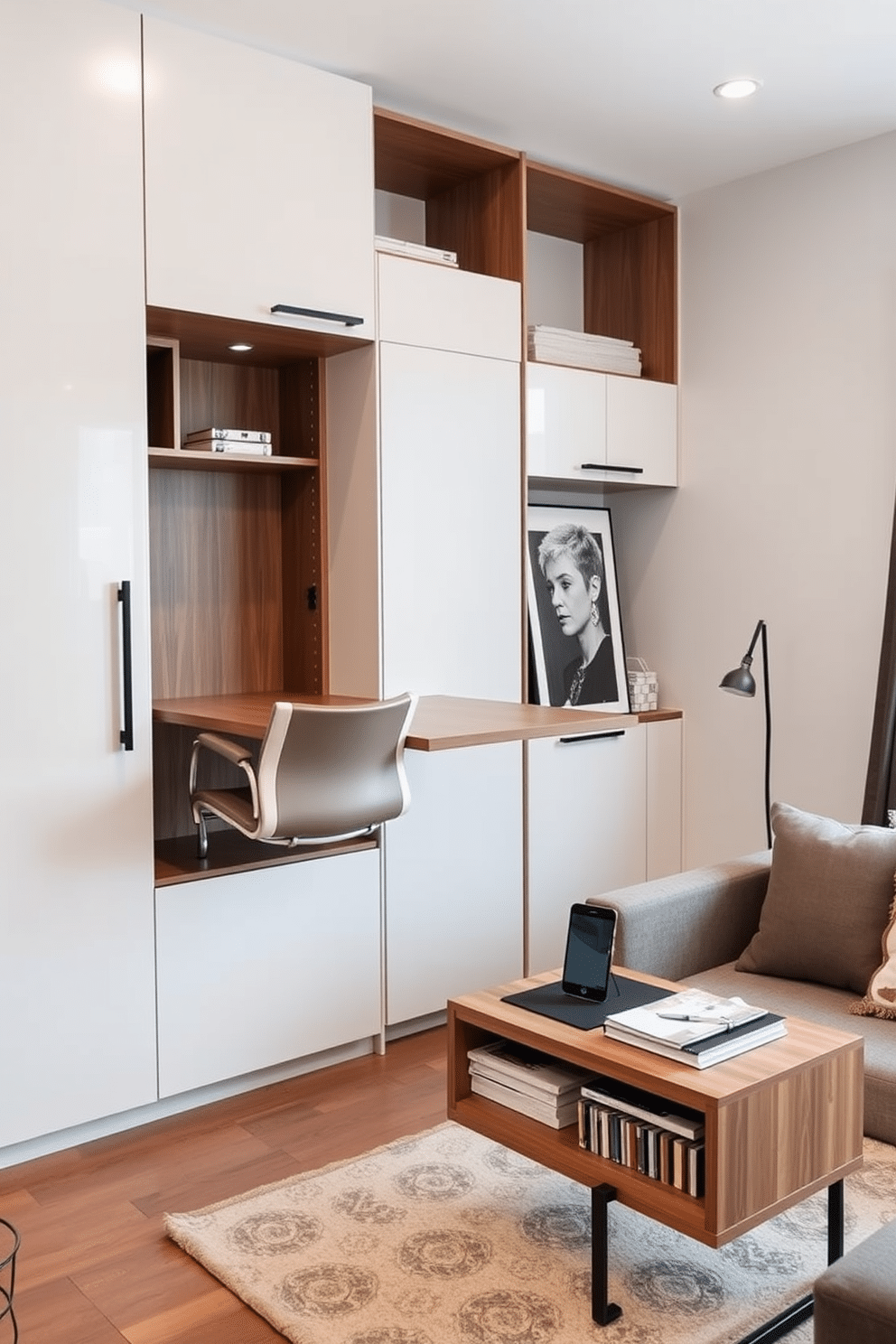 A sleek, modern home office features a wall-mounted desk that folds down when needed, maximizing floor space. The chair is a stylish, ergonomic design that can be tucked away, and storage solutions are integrated into the shelving units above. Incorporating multi-functional furniture, the room includes a sofa bed that transforms into a comfortable sleeping area for guests. A compact coffee table with built-in storage serves as both a workspace and a place to unwind.