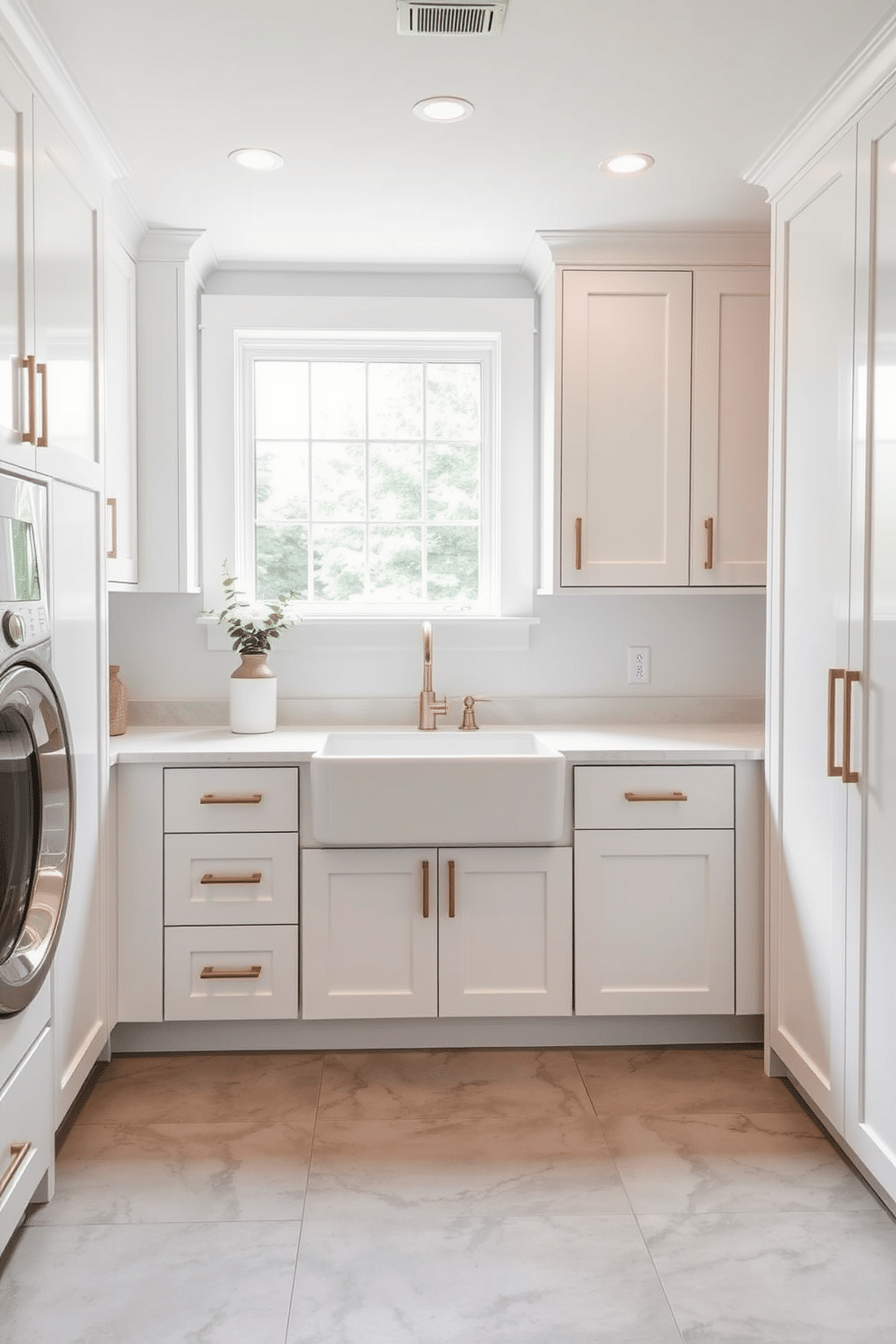 Sleek white cabinetry with brass accents lines the walls of a modern laundry room, creating a clean and sophisticated look. The cabinetry features minimalist handles and is complemented by a stylish countertop made of quartz, providing ample space for folding clothes. A large, farmhouse-style sink sits beneath a window, allowing natural light to brighten the space. The floor is adorned with large-format tiles in a soft gray tone, enhancing the contemporary aesthetic while offering durability and ease of maintenance.