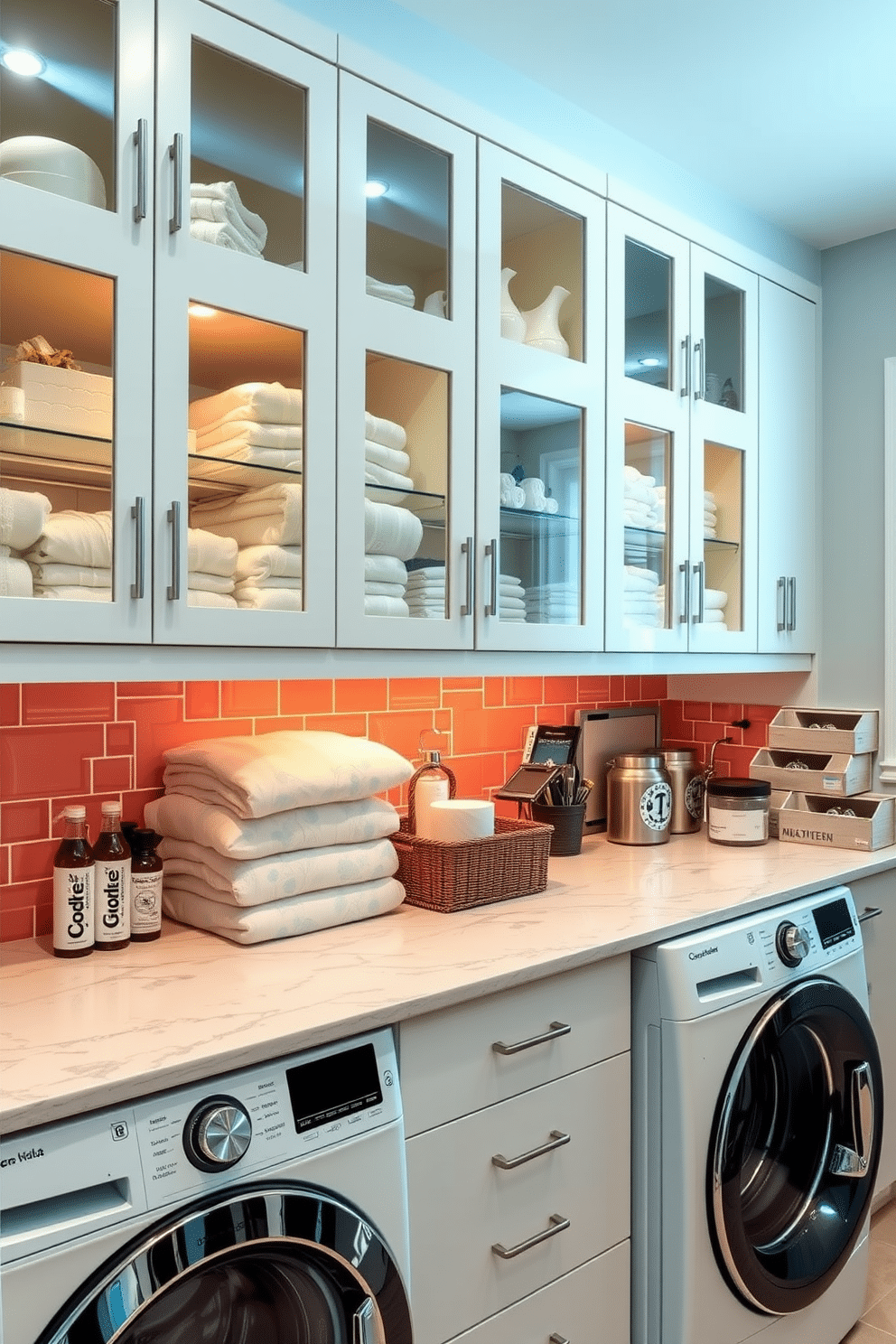 A modern laundry room features sleek glass-front cabinets that elegantly display neatly folded linens and essential laundry supplies. The cabinetry is complemented by a stylish countertop, providing ample workspace for sorting and folding clothes, while a vibrant backsplash adds a pop of color to the space.