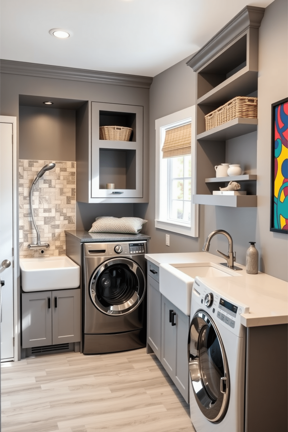 A modern laundry room designed as a multi-functional space features a sleek, built-in pet wash station with a tiled backsplash and a detachable showerhead. The cabinetry is a soft gray, complemented by a large, farmhouse-style sink and a spacious countertop for folding laundry, with vibrant wall art adding a pop of color. The room is well-lit with natural light streaming through a window, highlighting the durable, easy-to-clean flooring. Shelves above the washer and dryer are filled with neatly organized baskets, while a cozy nook with a cushion provides a resting spot for pets after their wash.