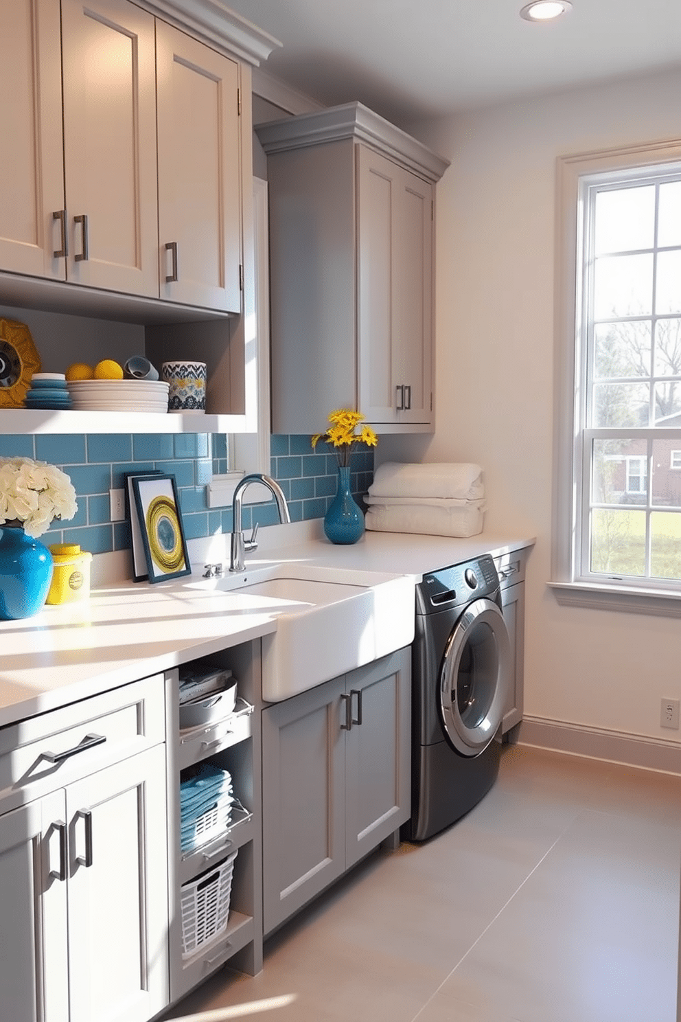 A modern laundry room featuring a neutral palette with pops of color. The cabinetry is a soft gray, complemented by vibrant blue and yellow accents in the decor and accessories. The room includes a sleek, white countertop with a built-in sink, surrounded by organized storage solutions. Large windows allow natural light to flood in, enhancing the cheerful atmosphere of the space.