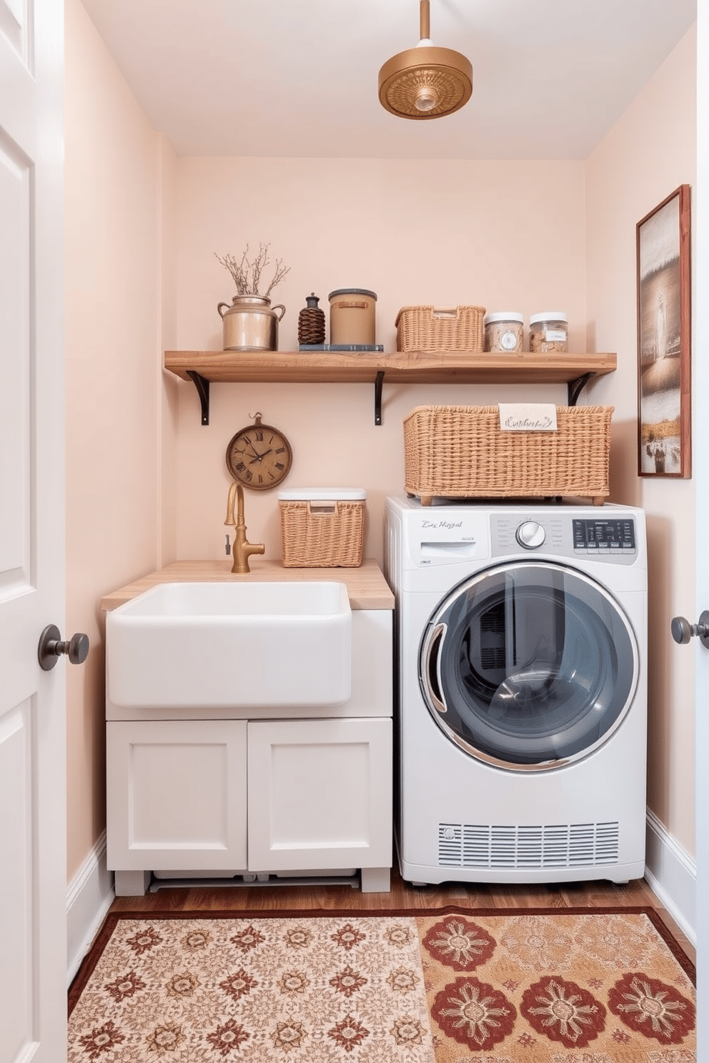 A modern laundry room featuring vintage-inspired fixtures that add character and charm. The space includes a farmhouse-style sink with an antique brass faucet, complemented by open shelving made from reclaimed wood. The walls are painted in a soft pastel hue, providing a warm backdrop for the room. A vintage-style washing machine and dryer are stacked with decorative baskets for organization, while a patterned rug adds a cozy touch underfoot.