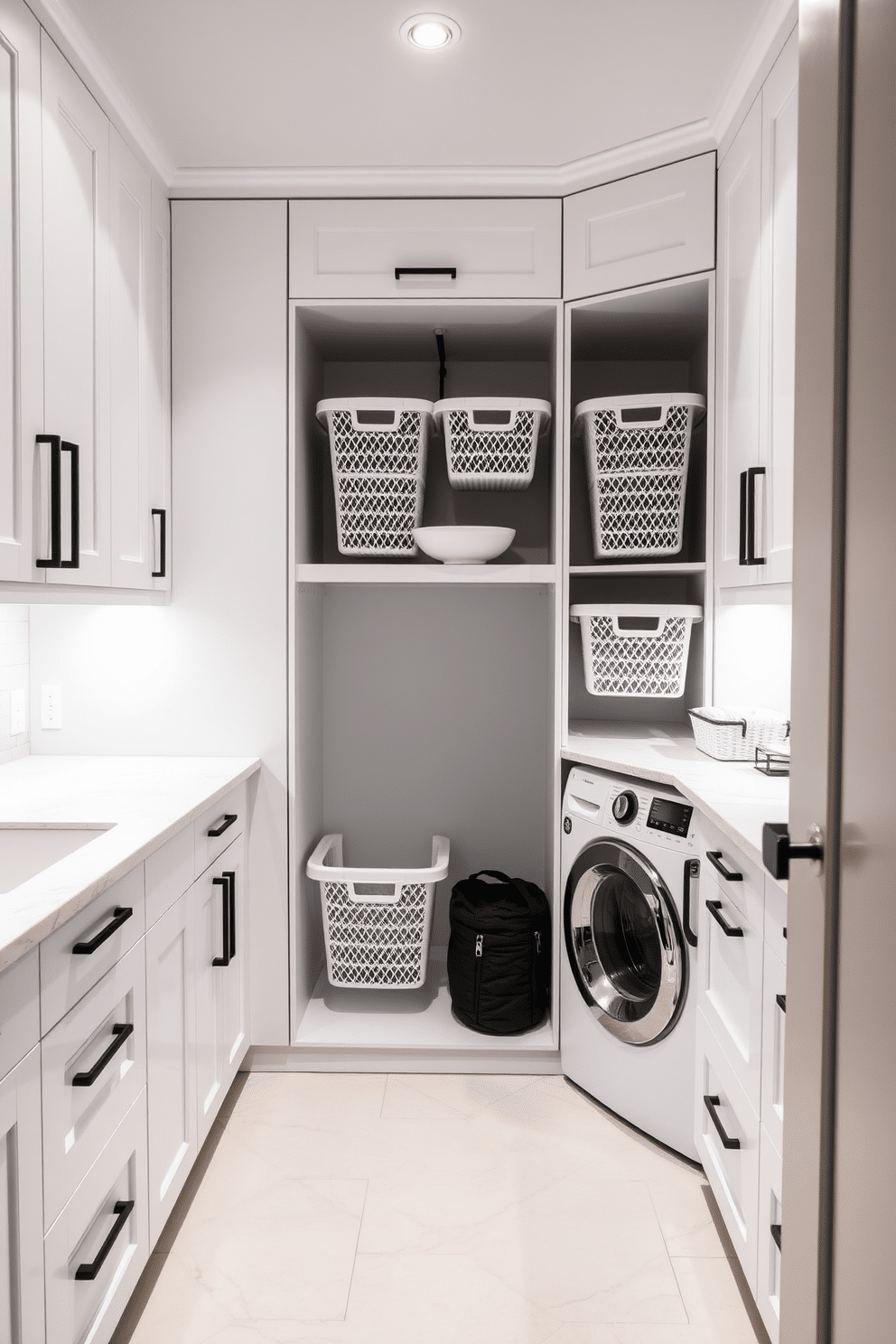 A modern laundry room featuring cabinetry with built-in laundry baskets seamlessly integrated into the design. The cabinetry is a sleek white finish, with matte black hardware, and the countertops are a durable quartz surface that provides ample space for folding clothes.