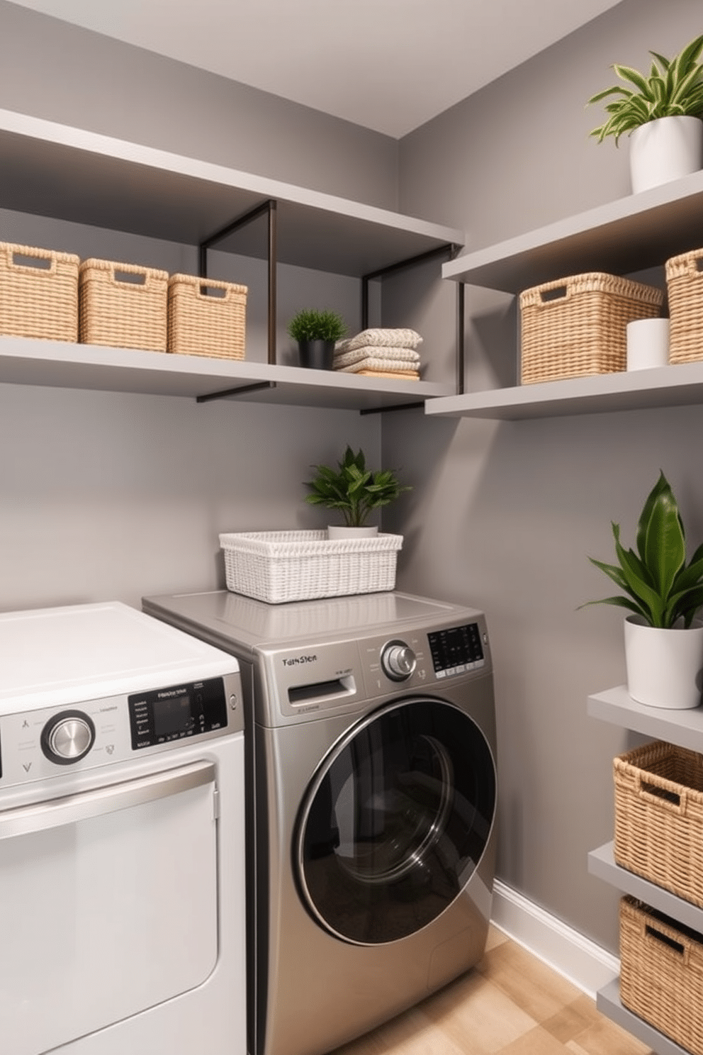 A modern laundry room featuring creative use of vertical space with sleek, open shelving. The walls are painted in a soft gray, and the shelves are filled with neatly organized baskets and decorative plants, maximizing both functionality and style.