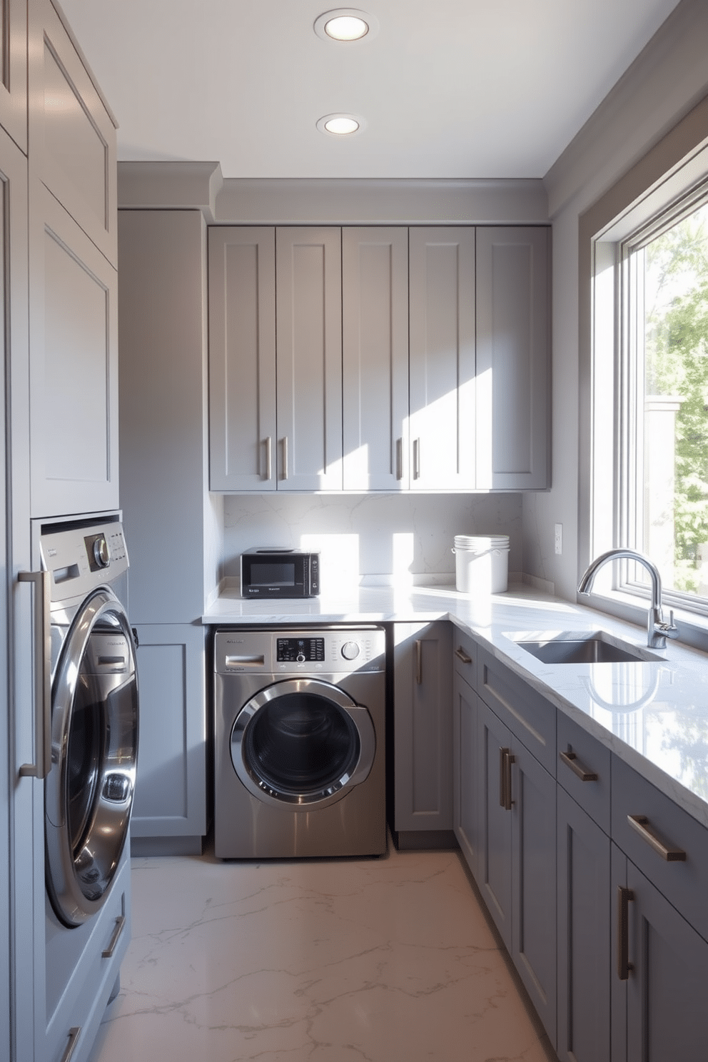 A modern laundry room featuring sleek marble countertops that provide a luxurious touch. The space is designed with custom cabinetry in a soft gray finish, complemented by stainless steel appliances and ample natural light streaming through a large window.