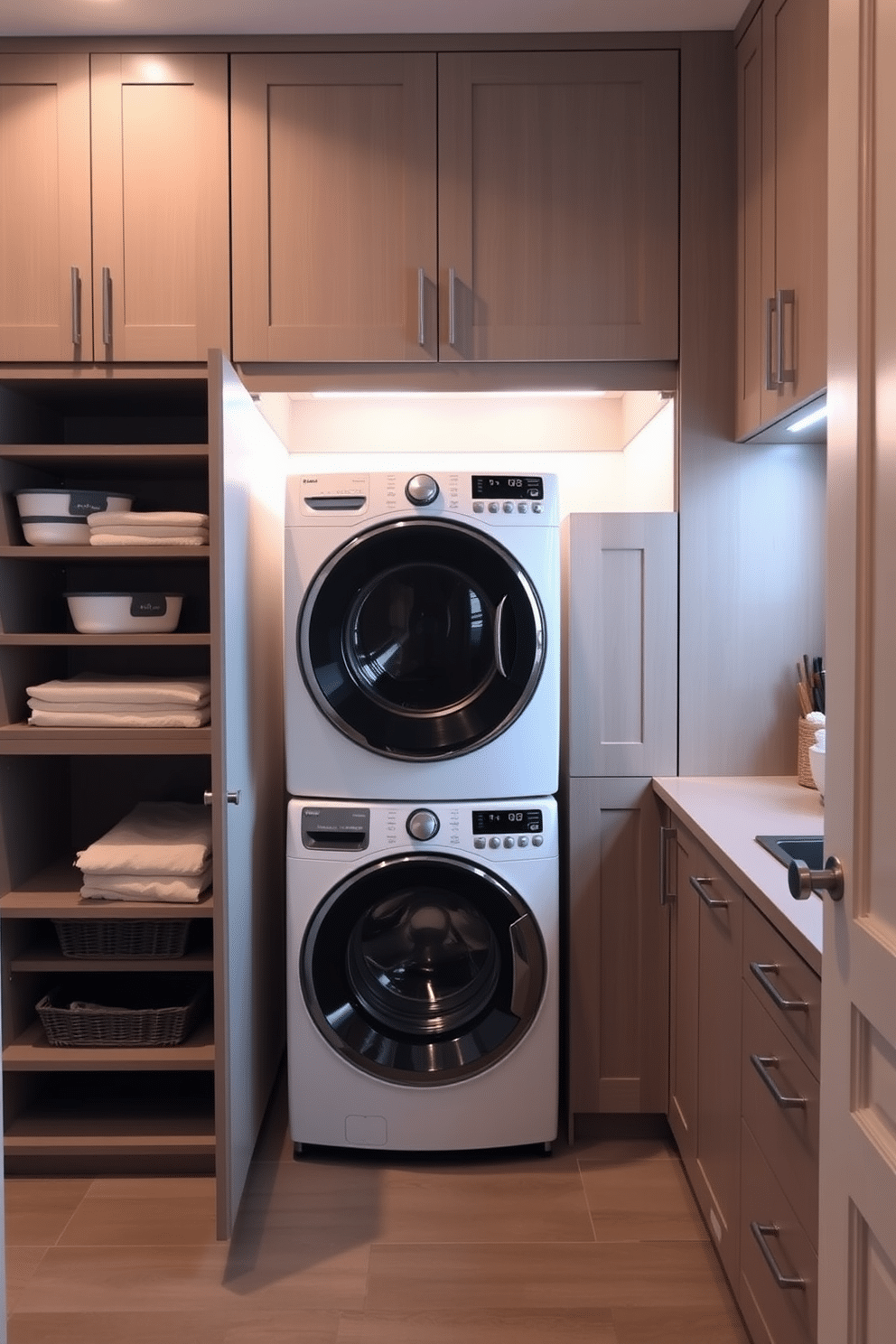 A modern laundry room featuring clever hidden storage solutions that maximize space and functionality. Built-in cabinetry with pull-out shelves and baskets seamlessly blend into the design, keeping laundry essentials organized and out of sight. The room showcases a sleek washer and dryer stacked vertically, surrounded by a countertop for folding clothes. Soft, ambient lighting illuminates the space, while a stylish backsplash adds a pop of color, enhancing the overall aesthetic.