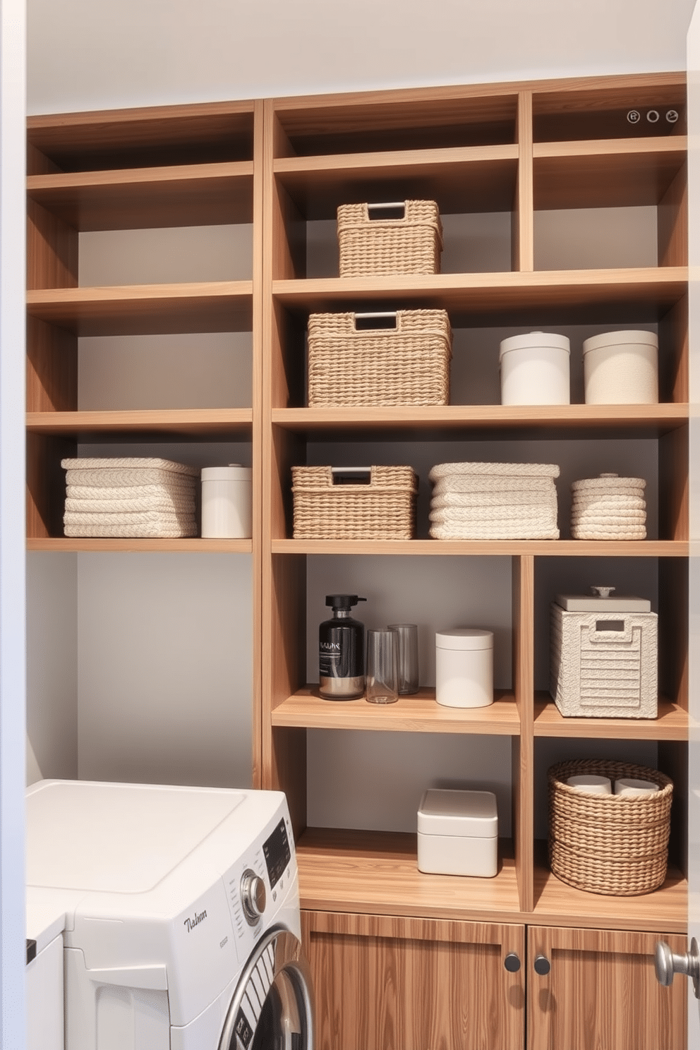 A modern laundry room features open shelving that provides easy access to storage for laundry essentials. The shelves are made of sleek wood, complemented by stylish baskets and decorative containers for organization.