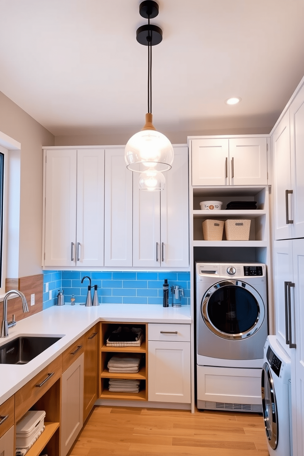 Bright pendant lights hang gracefully over a spacious workspace area, illuminating the sleek countertops and organized shelves below. The design features a blend of contemporary materials, with warm wood accents complementing the modern fixtures. The modern laundry room showcases a functional layout with ample storage solutions and stylish appliances. Crisp white cabinetry contrasts beautifully with the vibrant backsplash, creating an inviting and efficient space for household chores.