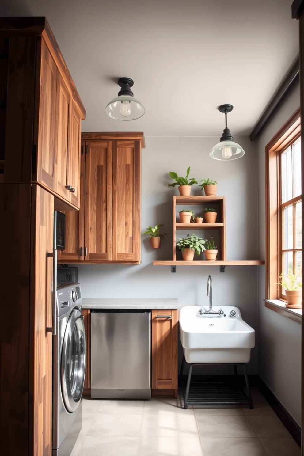 A rustic laundry room featuring reclaimed wood cabinets and open shelving, paired with sleek stainless steel appliances. The space is illuminated by industrial-style pendant lights, and a vintage farmhouse sink adds a charming focal point. The walls are painted in a soft gray, complementing the warm tones of the wood. A large window allows natural light to flood in, while potted plants on the shelves bring a touch of greenery to the modern design.