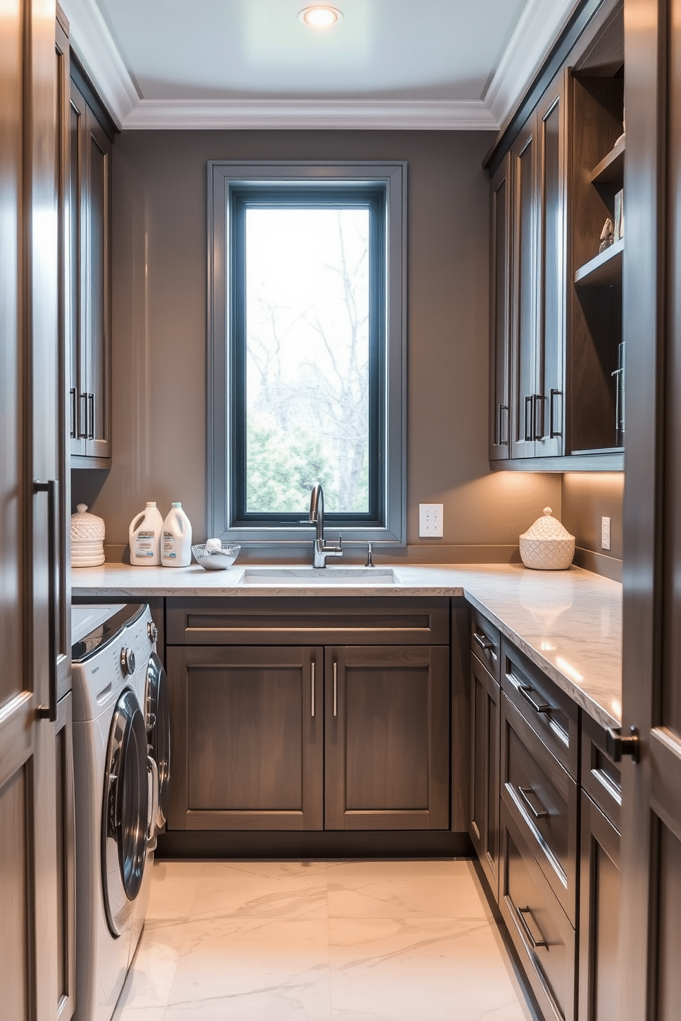 A modern laundry room features custom cabinetry designed to optimize space and enhance functionality. The cabinetry is crafted from high-quality materials with a sleek finish, incorporating built-in storage solutions for detergents and laundry essentials. The room is bright and airy, with a large window allowing natural light to flood in. Stylish countertops provide ample workspace, while a contemporary sink adds a touch of elegance to the overall design.