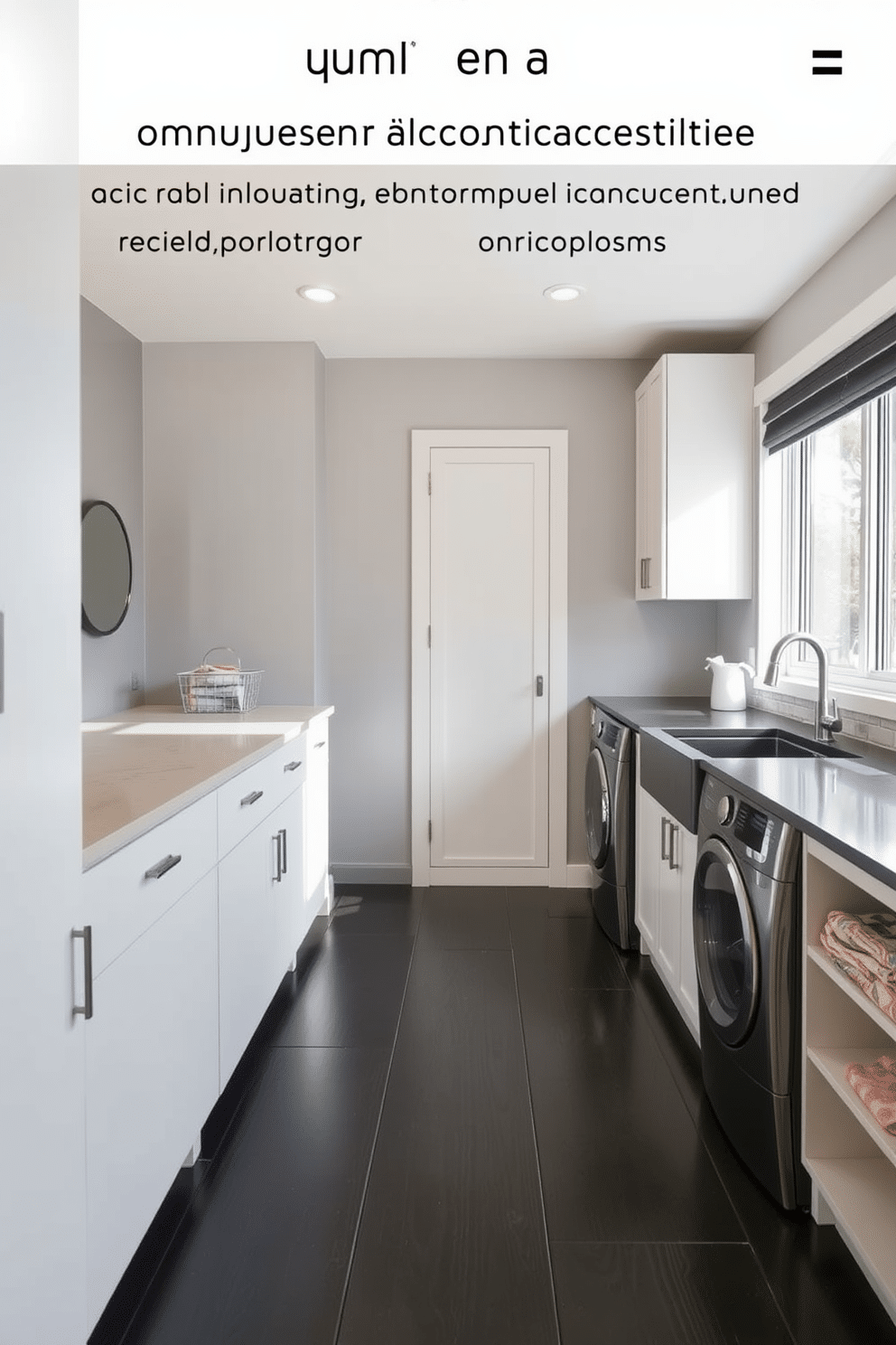 A modern laundry room featuring durable flooring options designed for high traffic areas. The space includes sleek, dark tile flooring that resists scratches and stains, complemented by a spacious countertop for folding clothes. Bright cabinetry lines the walls, providing ample storage, while a stylish sink area is equipped with a modern faucet. Natural light floods the room through a large window, enhancing the contemporary feel of the space.