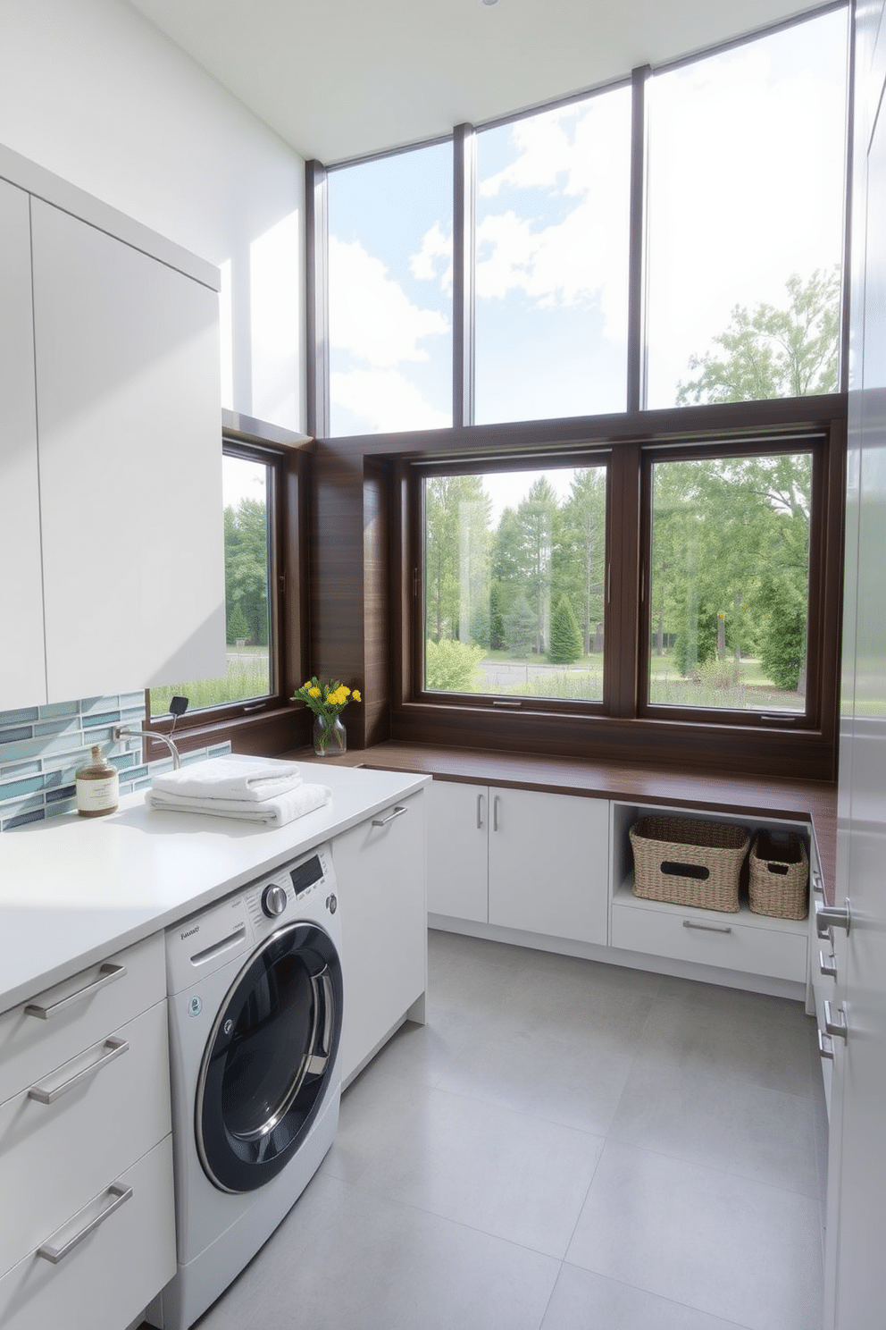 A modern laundry room featuring large windows that offer a stunning view of the outdoors, allowing natural light to flood the space. The room includes sleek, white cabinetry and a spacious countertop for folding laundry, complemented by a stylish backsplash in shades of blue. The flooring is a durable, light gray tile that contrasts beautifully with the dark wood accents found in the cabinetry. A contemporary washer and dryer are seamlessly integrated into the design, with decorative baskets neatly arranged for organization.