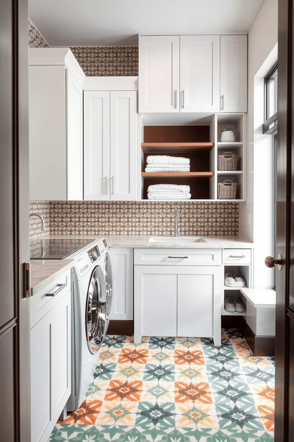 A modern laundry room features a striking combination of patterned tiles that add a unique flair to the space. The walls are adorned with a subtle geometric wallpaper, while the floor showcases a bold, colorful tile design that contrasts beautifully with sleek white cabinetry. Incorporating open shelving allows for both functionality and display, showcasing neatly folded towels and decorative baskets. A stylish sink with a brushed nickel faucet sits adjacent to a large window, flooding the room with natural light and enhancing the vibrant tile patterns.