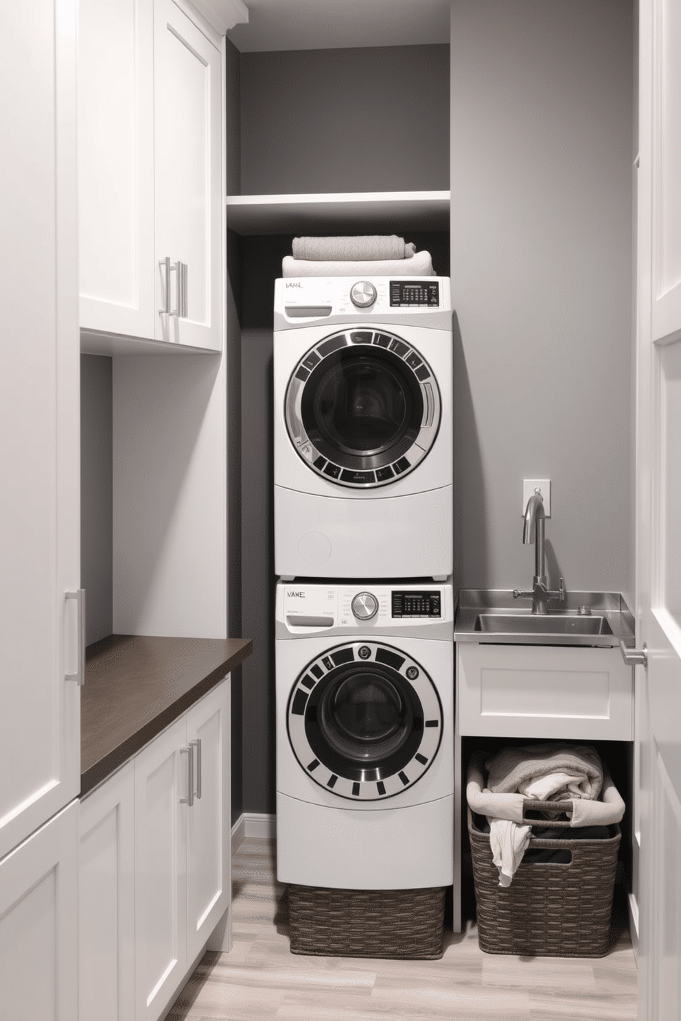 A modern laundry room featuring an efficient layout designed for a direct workflow. The space includes a sleek, built-in washer and dryer stacked vertically, with a countertop above for folding clothes and ample storage cabinets on either side. The walls are painted in a soft gray, complemented by white cabinetry and brushed nickel hardware. A utility sink is positioned conveniently next to the washer, with stylish baskets for sorting laundry placed underneath the countertop.