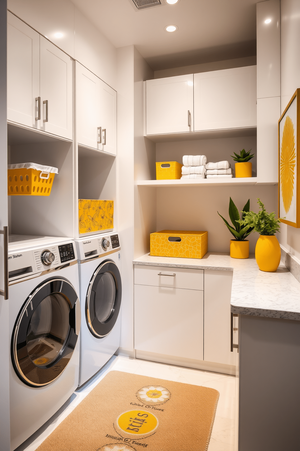 A modern laundry room features sleek cabinetry in a crisp white finish, complemented by vibrant yellow accents in the form of decorative storage bins and a cheerful wall art piece. The countertops are a durable quartz with subtle veining, providing both style and functionality, while a stylish area rug adds warmth and color to the space. The laundry appliances are stacked to maximize space, surrounded by open shelving that displays neatly folded towels and plants for a touch of greenery. Bright LED lighting illuminates the room, enhancing the lively atmosphere created by the colorful accents and modern design elements.