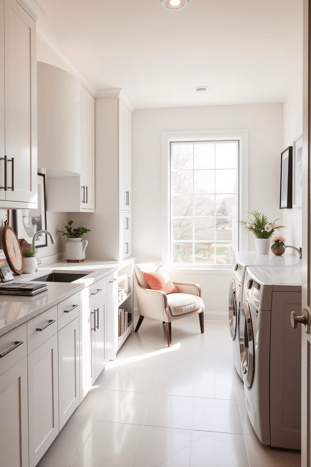 A modern laundry room featuring sleek, white cabinetry and a spacious countertop for folding clothes. In one corner, a cozy reading nook is created with a plush armchair and a small bookshelf filled with favorite novels. Natural light floods the space through a large window, enhancing the bright and airy atmosphere. Decorative elements like potted plants and framed artwork add personality and warmth to the overall design.