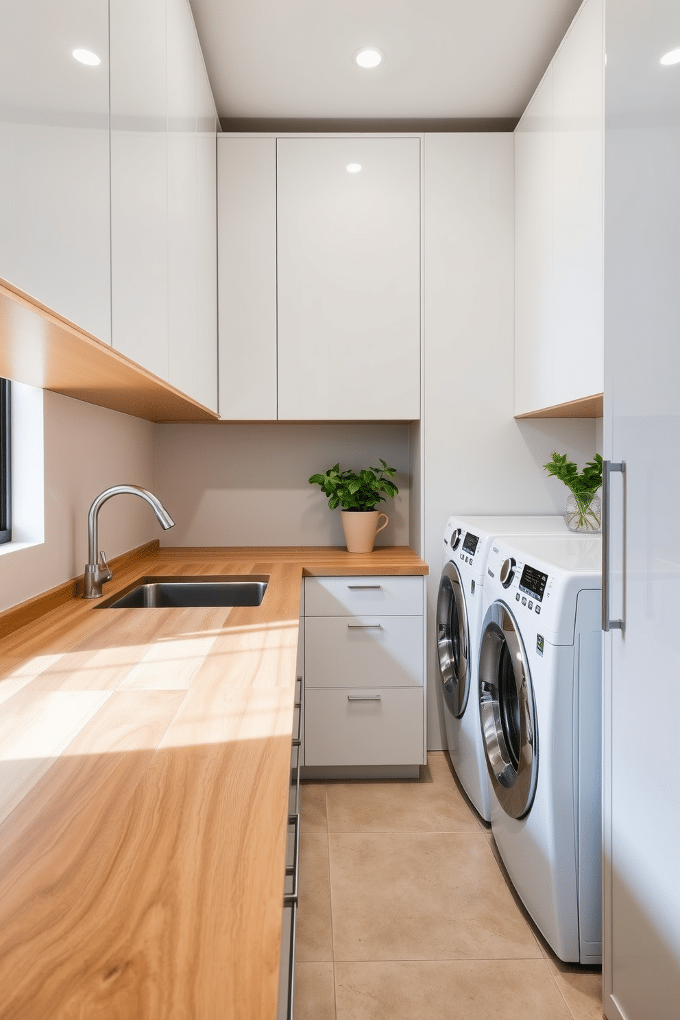 A modern laundry room featuring natural wood countertops that add warmth and texture to the space. The cabinetry is sleek and minimalist, with a combination of white and soft gray finishes, while the floor is adorned with large-format tiles in a neutral tone.