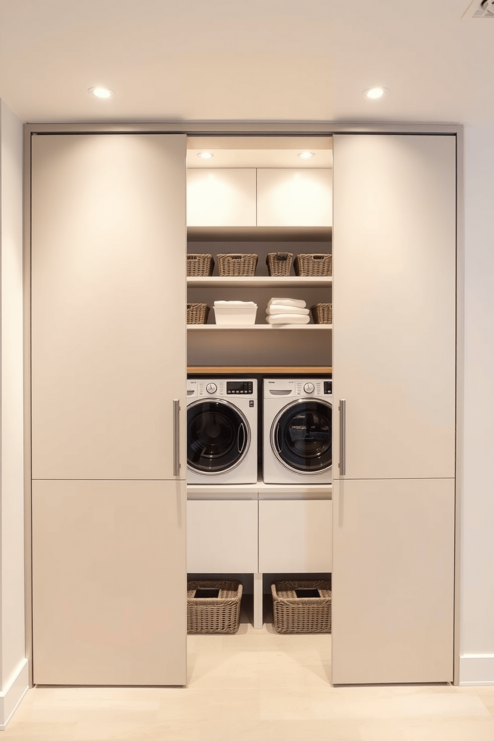 A compact laundry nook featuring sleek sliding doors that seamlessly blend into the surrounding cabinetry. The space is adorned with minimalist shelving, a built-in washer and dryer, and a countertop for folding clothes, all accented by soft, ambient lighting. The walls are painted in a light, airy color that enhances the sense of space, while a stylish backsplash adds a touch of elegance. Functional storage solutions, such as baskets and bins, are neatly organized to keep the area tidy and efficient.