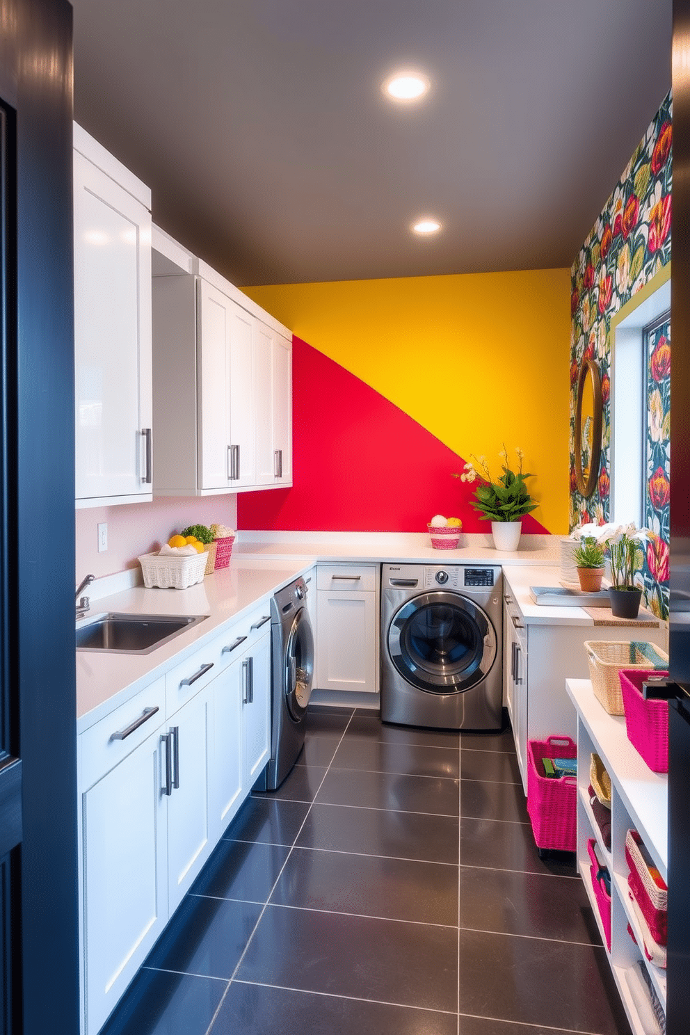 A modern laundry room featuring bright, bold wallpaper that creates a striking focal point on one wall. The space includes sleek, white cabinetry and a large countertop for folding clothes, complemented by stainless steel appliances. The flooring is a chic, dark tile that contrasts beautifully with the vibrant wallpaper. Decorative elements like colorful storage baskets and potted plants add personality and warmth to the design.