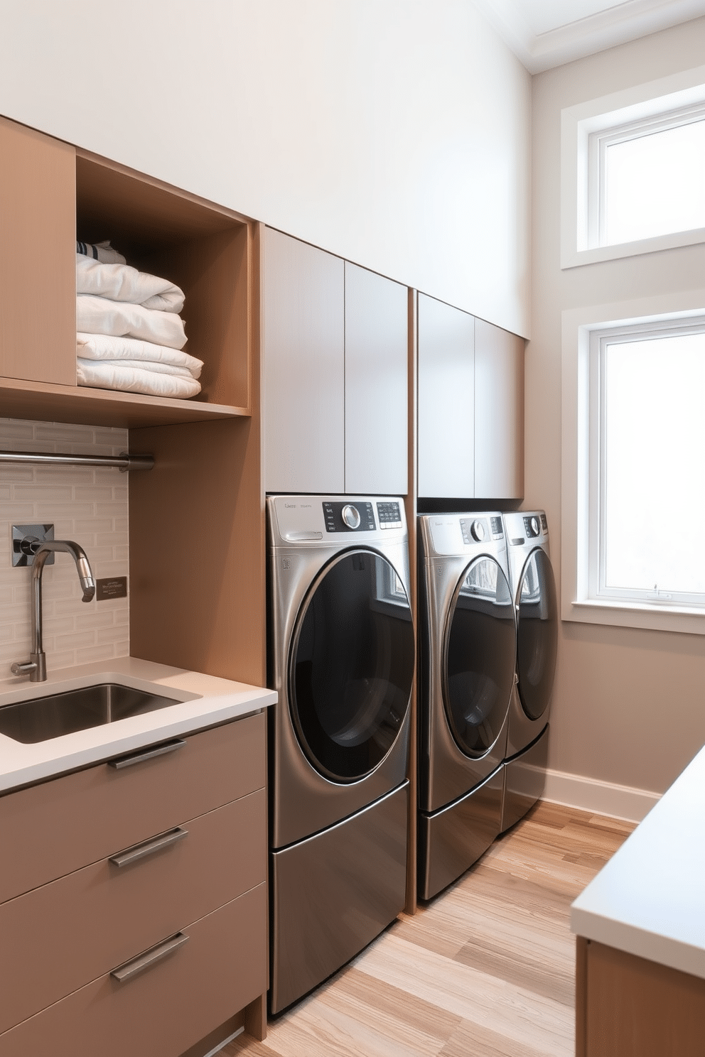 A modern laundry room featuring integrated appliances that blend seamlessly into the cabinetry, creating a cohesive and uncluttered look. The space includes a sleek countertop for folding clothes, with a stylish backsplash that adds a pop of color and personality. Natural light floods the room through a large window, highlighting the minimalist design and functional storage solutions. Soft, muted tones on the walls complement the stainless steel finishes of the appliances, enhancing the overall contemporary aesthetic.