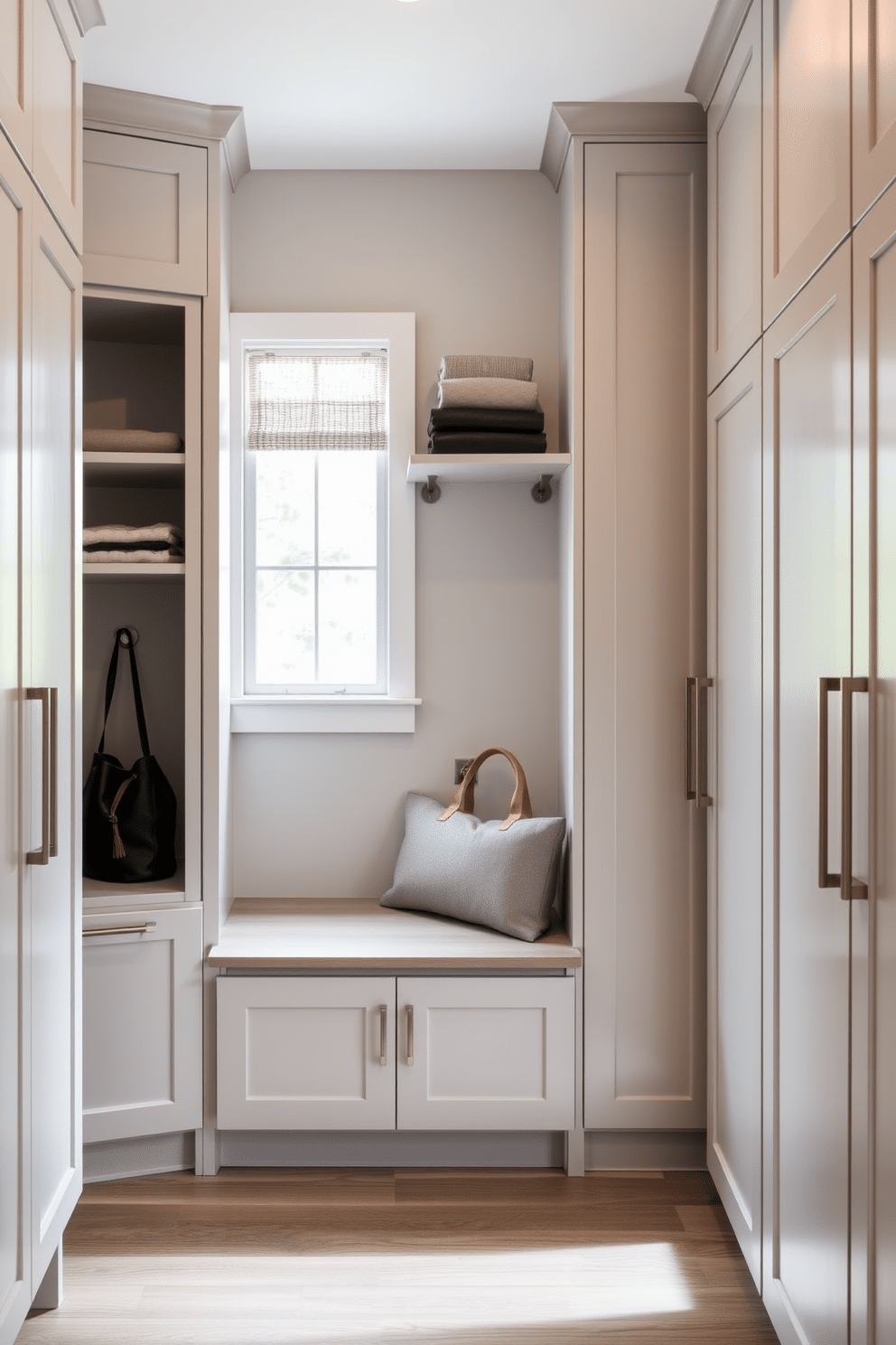 Sleek cabinetry lines the walls of a modern mudroom, featuring a smooth finish in a soft gray tone. The minimalist hardware complements the clean lines, creating an uncluttered and functional space. A built-in bench with plush cushions invites comfort, while open shelves above provide stylish storage for shoes and bags. Natural light floods the area through a large window, enhancing the airy feel of this contemporary design.