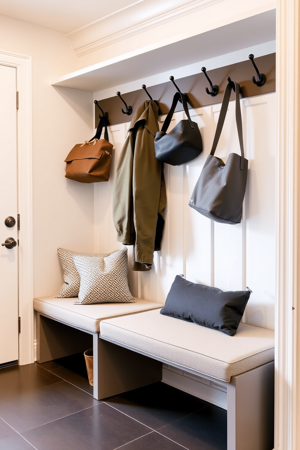 A modern mudroom featuring a padded bench with removable cushions, providing both comfort and functionality. The bench is upholstered in a durable fabric, and hooks for coats and bags are mounted on the wall above, creating an organized and stylish entryway.