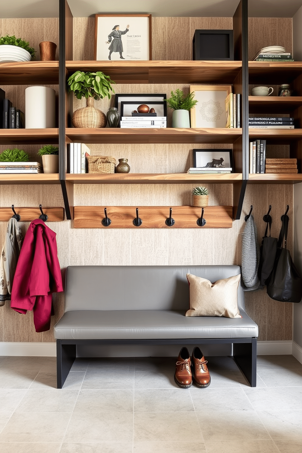 Open shelving for decorative storage. The shelves are crafted from reclaimed wood, displaying an array of curated decor items, plants, and books, creating a warm and inviting atmosphere. Modern mudroom design ideas. The space features a sleek bench with built-in storage, surrounded by wall hooks for coats and bags, all set against a backdrop of textured tile and a muted color palette for a contemporary feel.