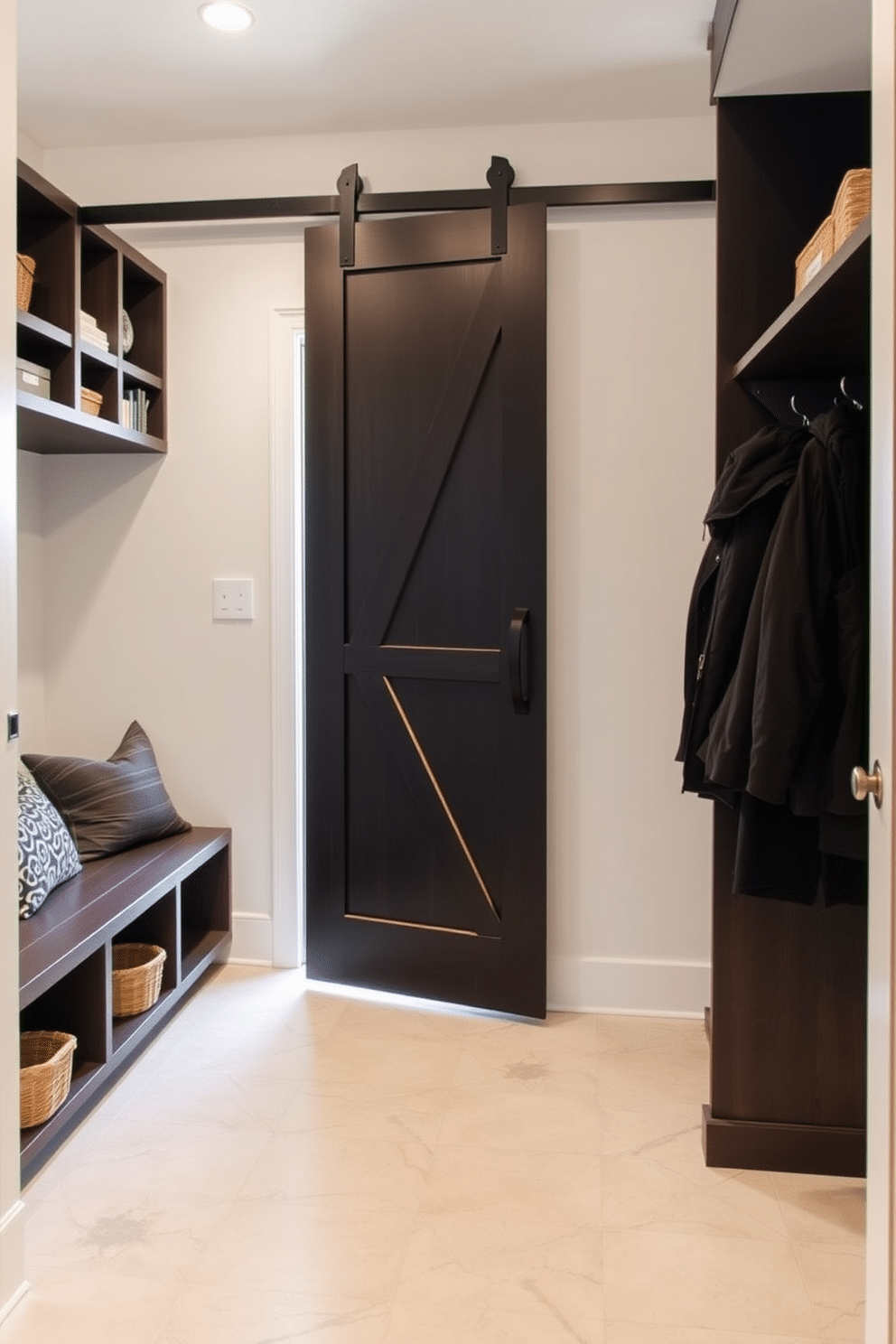 A modern mudroom features a sliding barn door that elegantly divides the space while saving room. The area is designed with built-in storage benches, hooks for coats, and a stylish tile floor that withstands heavy foot traffic.