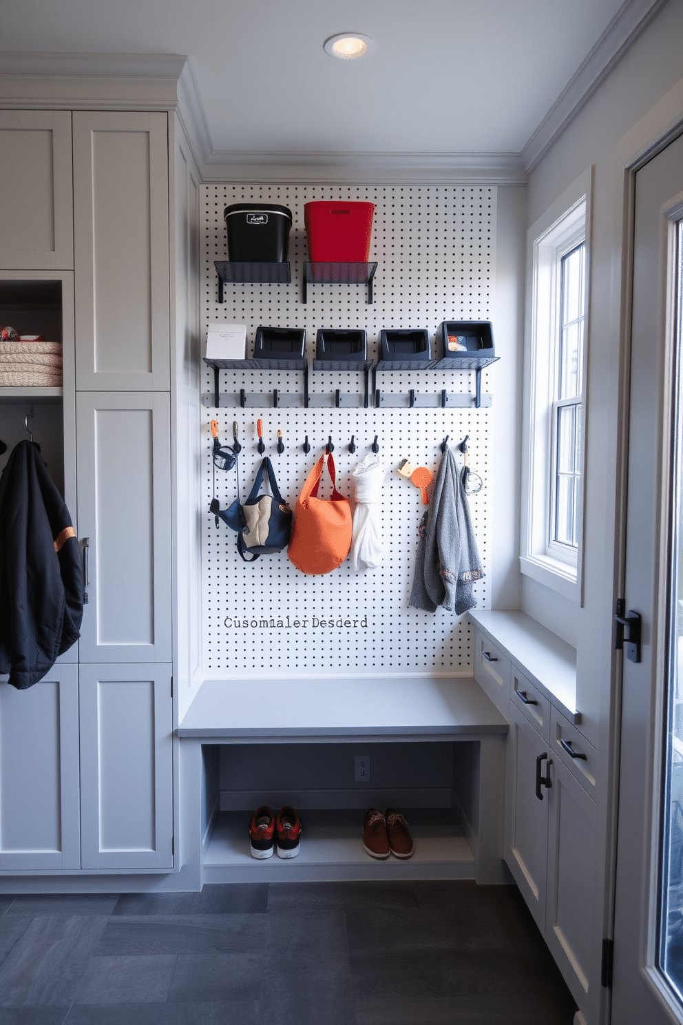 A customizable pegboard system is mounted on the wall, featuring a variety of hooks, shelves, and bins for versatile storage solutions. The mudroom is designed with a sleek bench below the pegboard, offering a convenient spot for putting on shoes, surrounded by a light gray color palette and durable flooring. The space incorporates built-in cabinetry for additional storage, seamlessly blending functionality with style. Natural light floods the room through a large window, enhancing the welcoming atmosphere of this modern mudroom design.