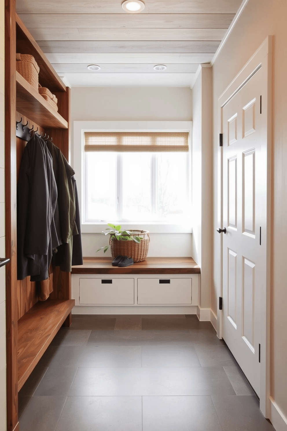 A modern mudroom featuring rustic wood accents that add warmth and charm. The space includes a built-in bench with a reclaimed wood top, surrounded by hooks for coats and a large basket for shoes. Natural light floods the room through a large window, highlighting the earthy tones of the wood and the sleek, contemporary tile flooring. A potted plant sits in the corner, bringing a touch of greenery to the functional yet inviting space.