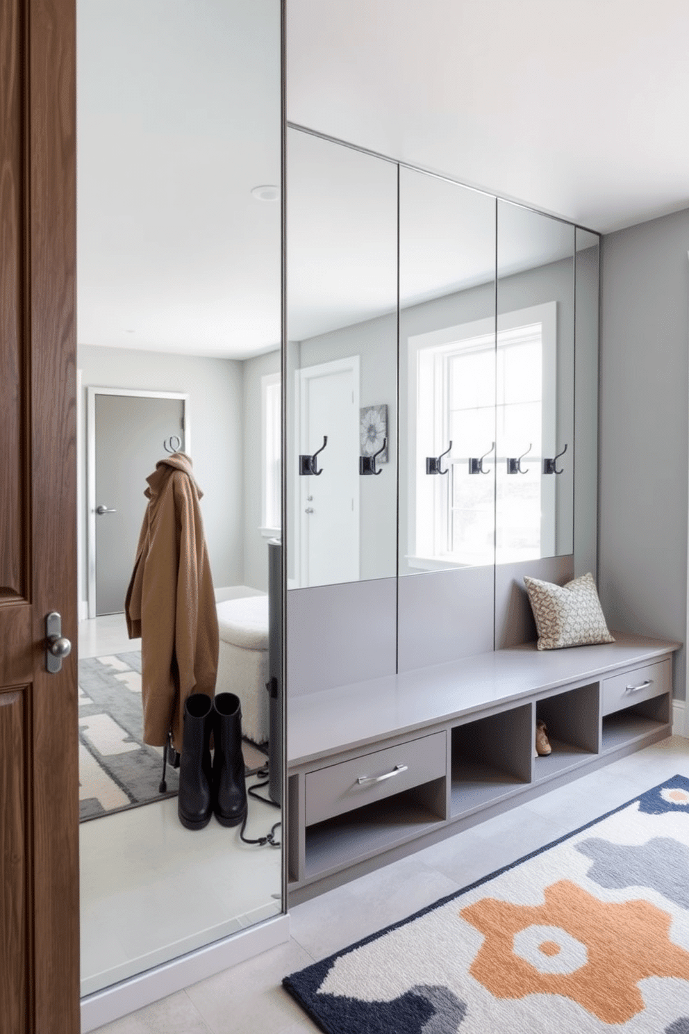 A modern mudroom features a mirrored wall that creates a spacious feel, reflecting natural light and enhancing the overall brightness of the space. The design includes built-in benches with storage underneath, sleek coat hooks, and a stylish area rug that adds a pop of color to the muted palette.