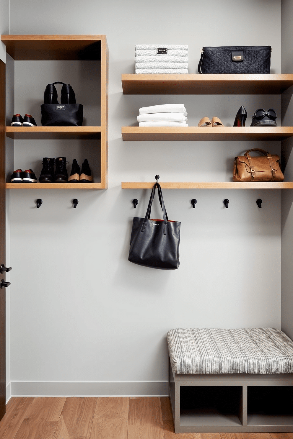 A modern mudroom features sleek floating shelves that provide ample storage for shoes and bags, creating an organized and stylish entryway. The walls are painted in a soft gray, complemented by a textured bench with built-in storage, while decorative hooks offer a practical solution for hanging jackets and accessories.