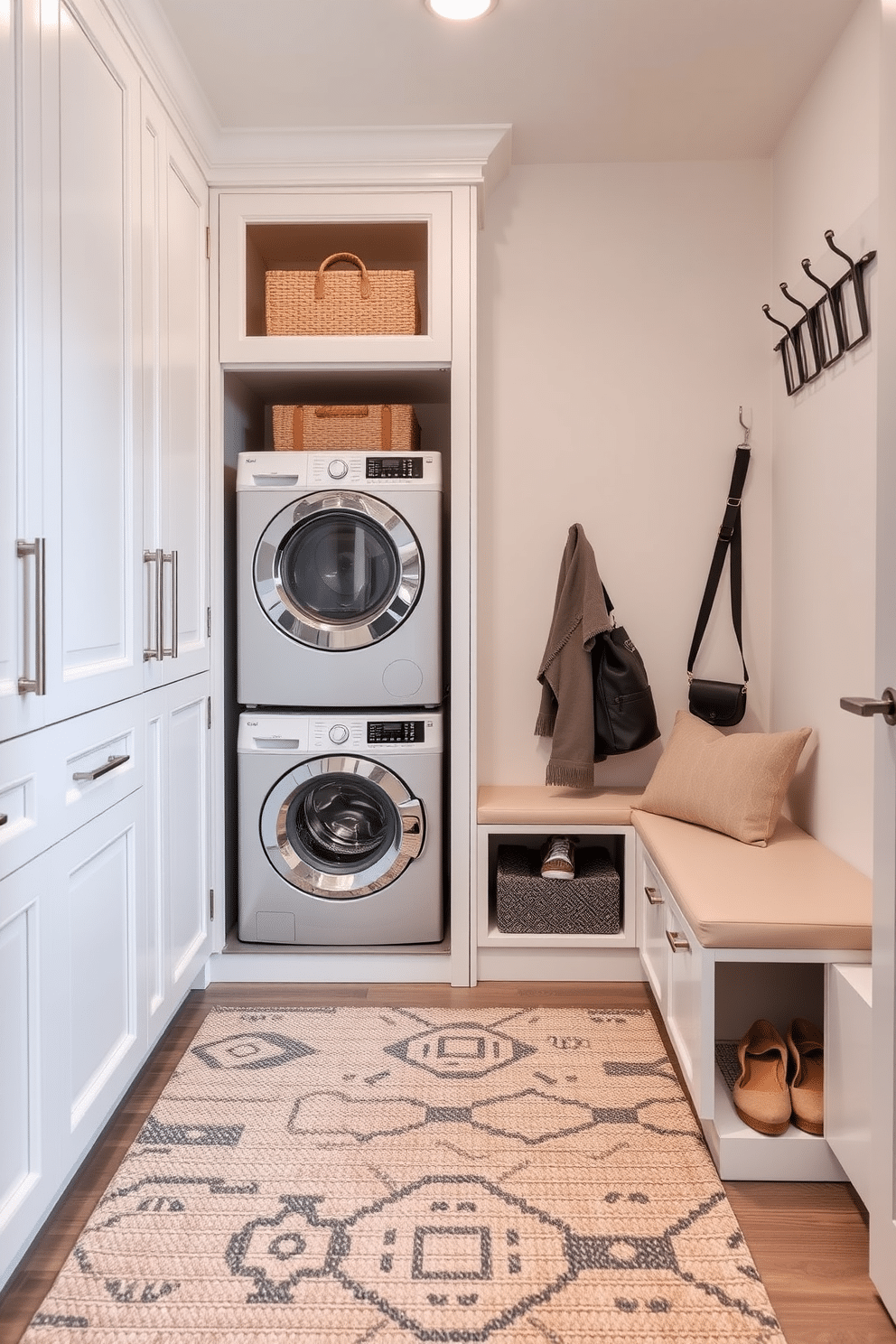 A hidden laundry area seamlessly integrated behind elegant cabinet doors features a compact washer and dryer, ensuring a clutter-free space. The cabinetry is finished in a soft white with brushed nickel handles, and a countertop above provides a convenient folding area. The modern mudroom design incorporates built-in benches with plush cushions and ample storage for shoes and outerwear. A stylish coat rack with hooks is mounted on the wall, complemented by a durable, textured rug that adds warmth and character to the space.