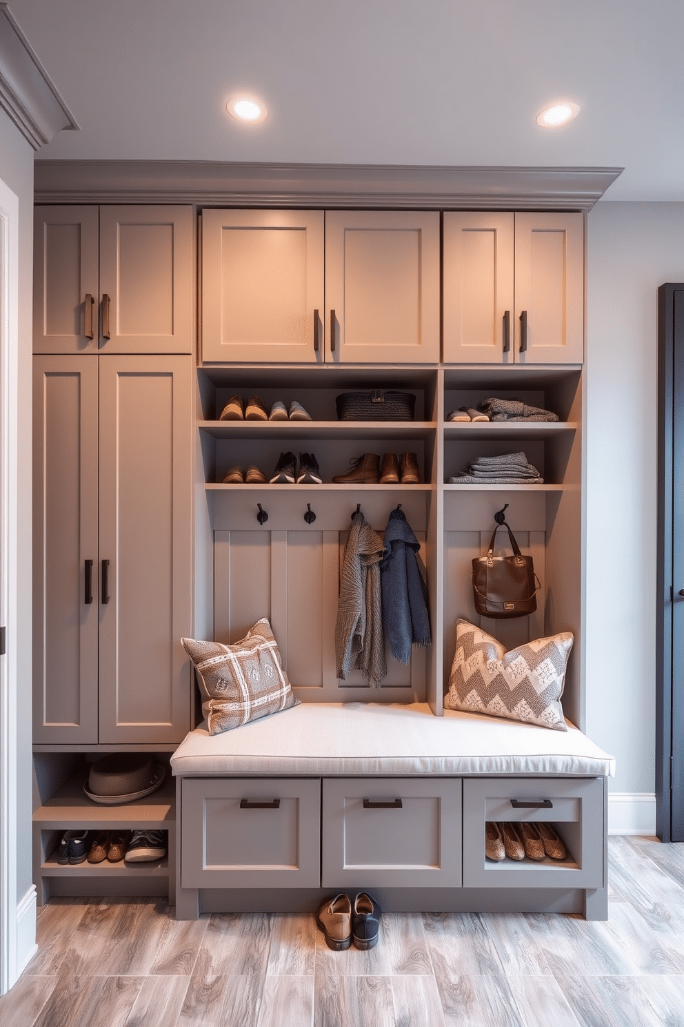 A modern mudroom features sleek cabinetry with a combination of open and closed storage, providing ample space for shoes and outdoor gear. The walls are painted in a soft gray, and a stylish bench with built-in hooks creates a welcoming entry point, accented by warm recessed lighting for a cozy ambiance.