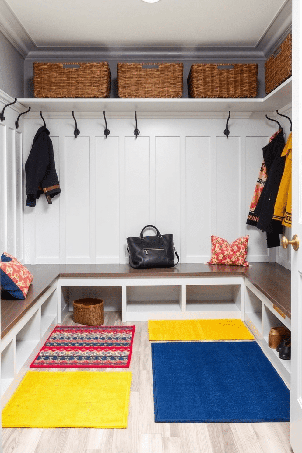 A modern mudroom featuring colorful mats that add a cheerful touch to the space. The walls are painted in a light gray, with built-in benches and hooks for coats, creating an organized and inviting entryway.