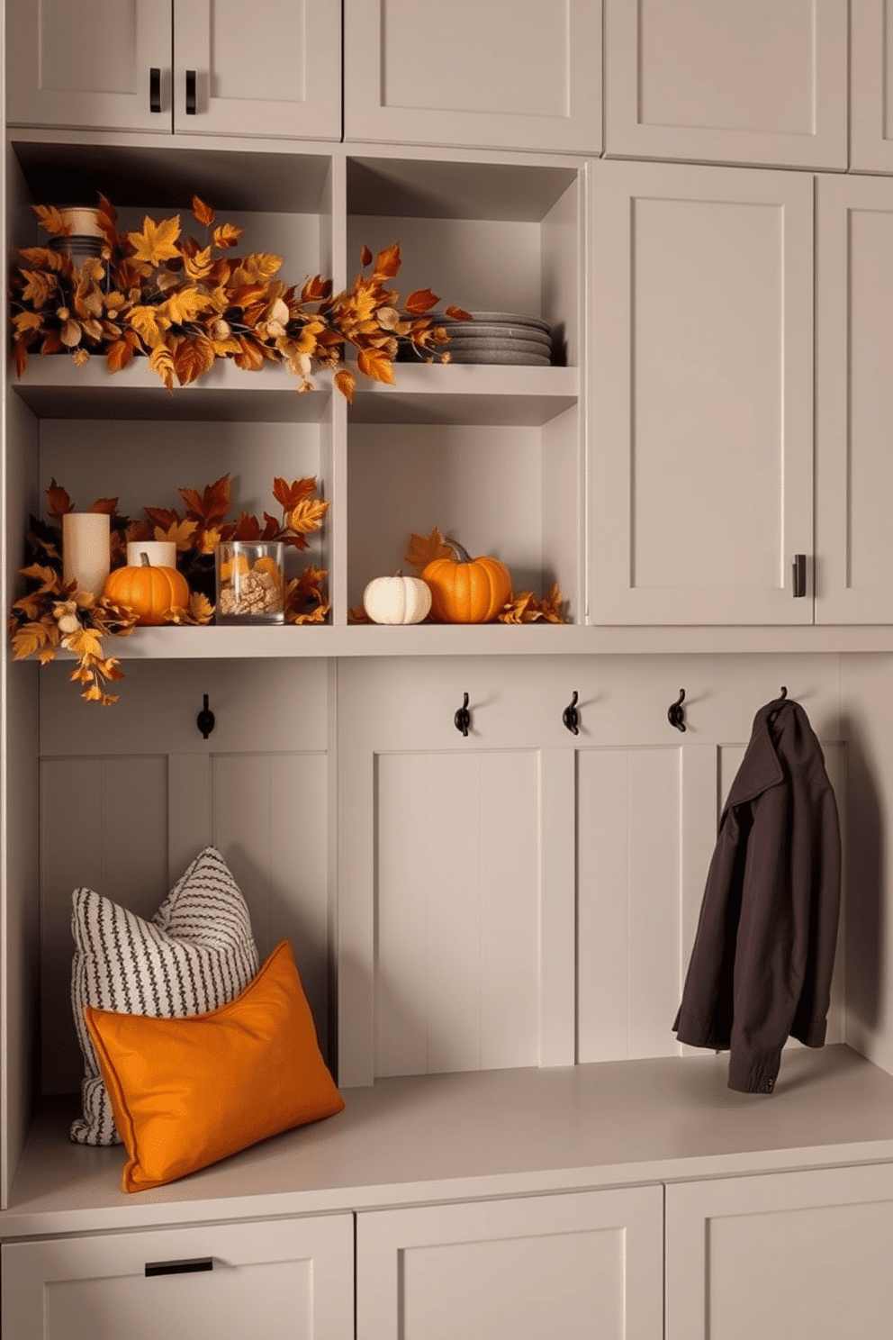 Seasonal decor display on shelves. The shelves are adorned with a mix of autumn leaves, small pumpkins, and cozy candles, creating a warm and inviting atmosphere. Modern Mudroom Design Ideas. The mudroom features sleek cabinetry with a minimalist design, complemented by a bench with plush cushions and hooks for hanging coats, all in a neutral color palette.